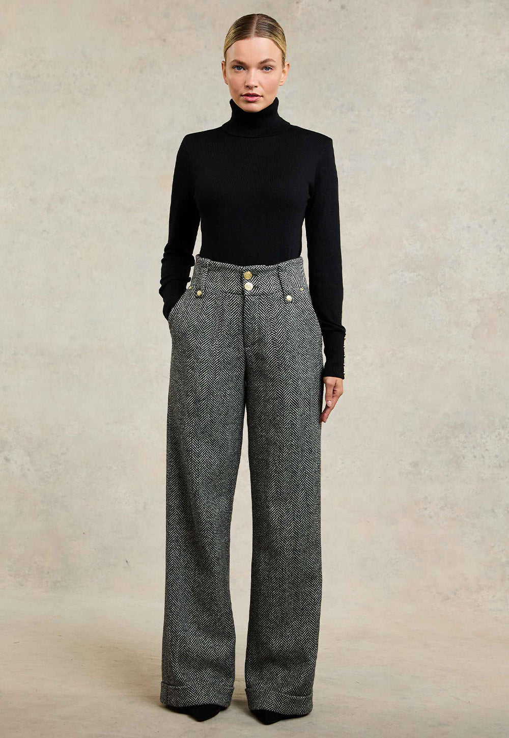 High Waisted Wide Leg Trouser - Wide Tooth Black Herringbone