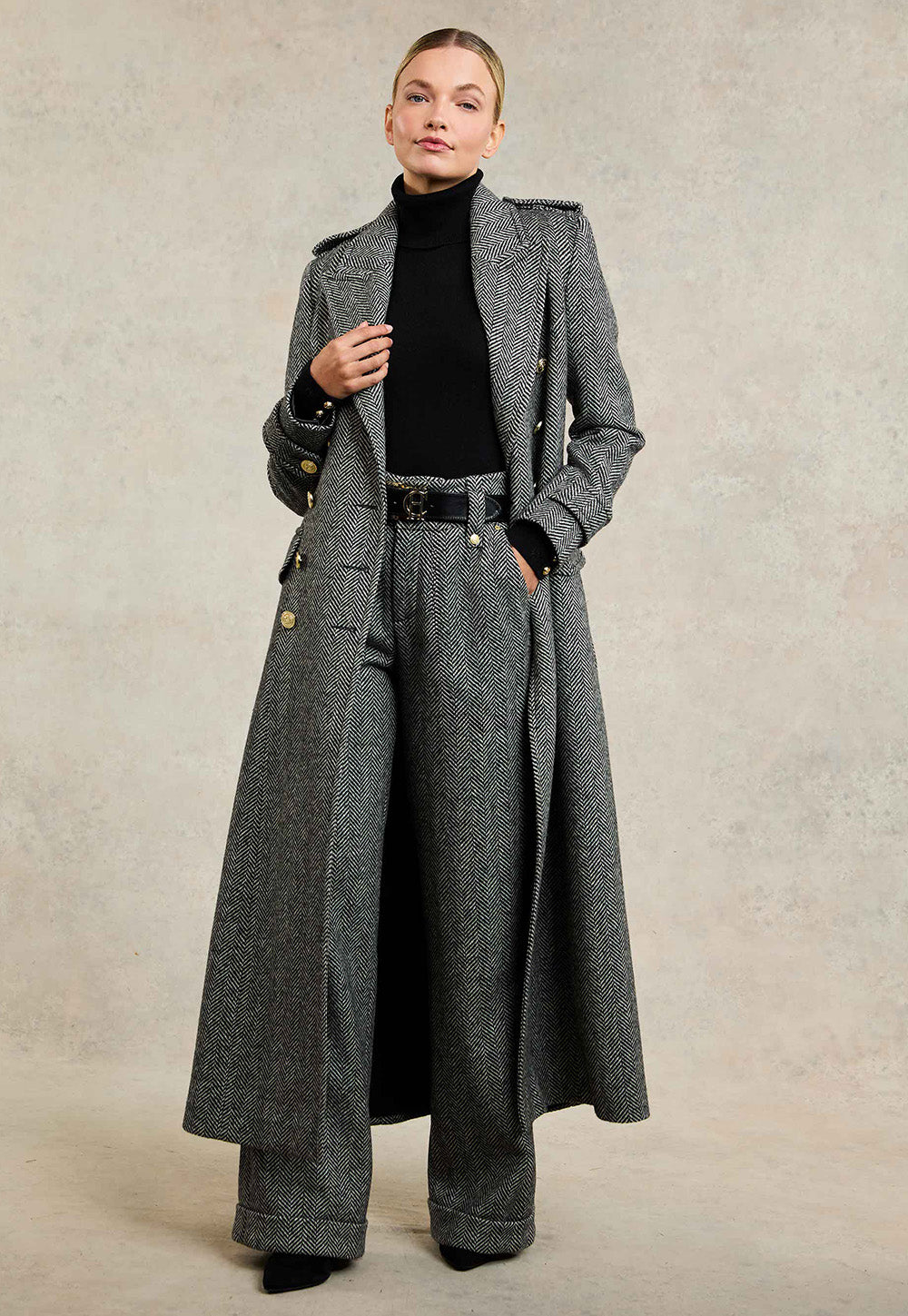 High Waisted Wide Leg Trouser - Wide Tooth Black Herringbone