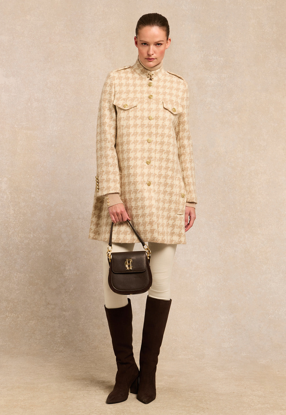 Highbury Cape Coat - Camel Houndstooth