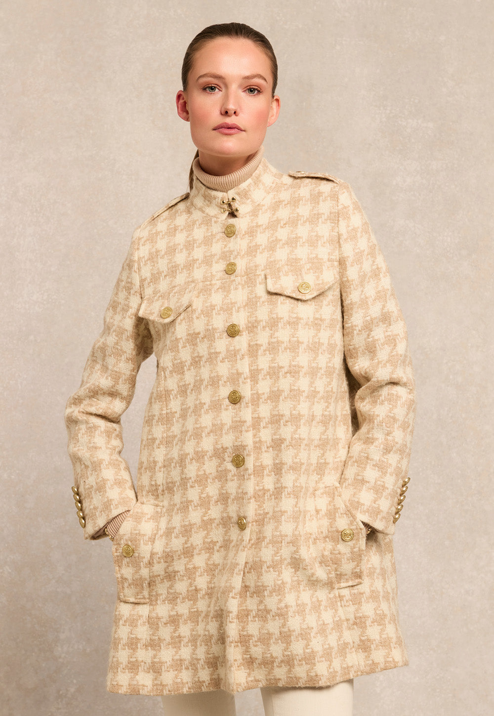 Highbury Cape Coat - Camel Houndstooth