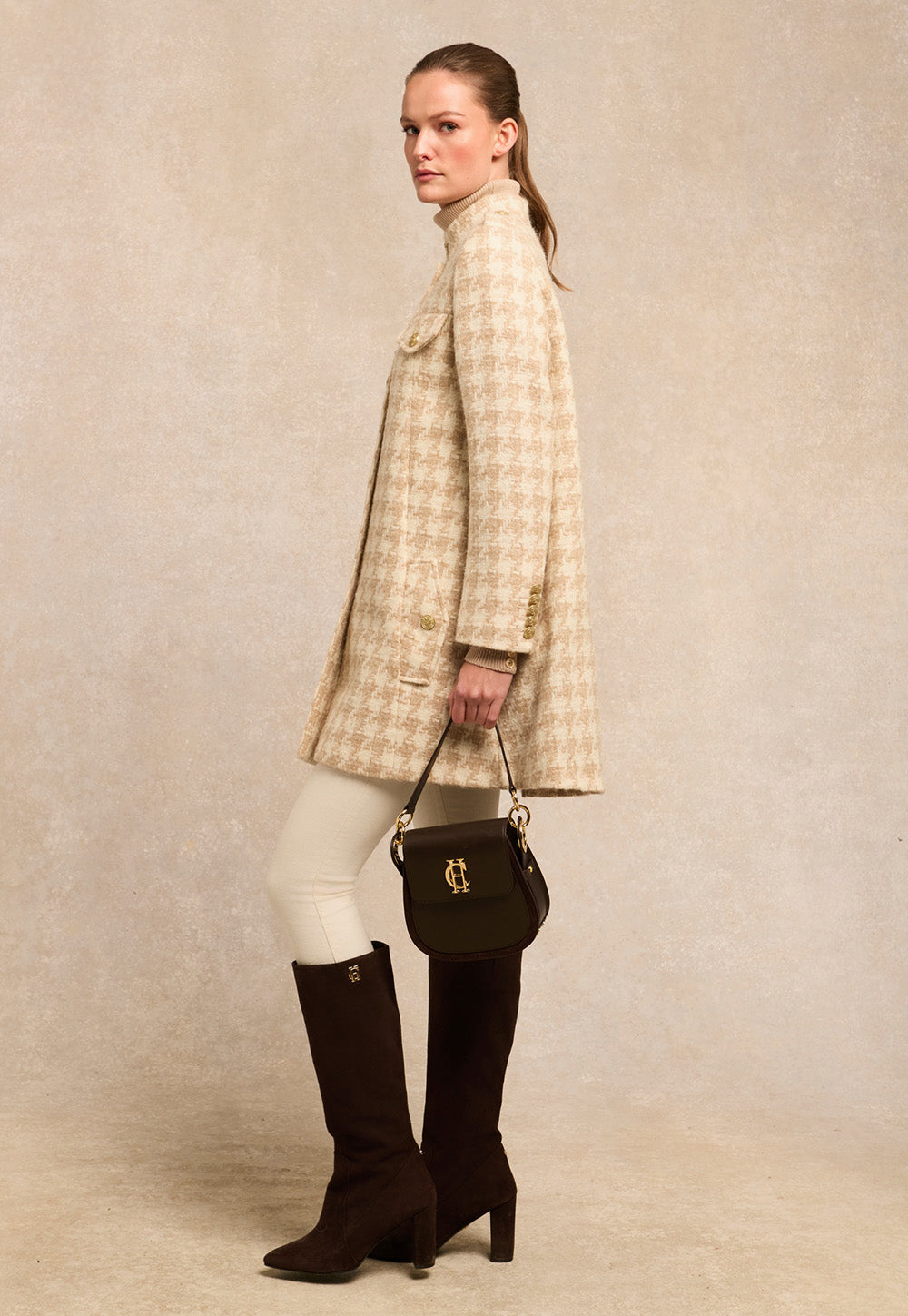 Highbury Cape Coat - Camel Houndstooth