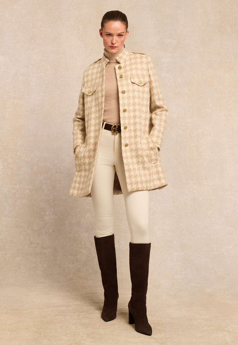Highbury Cape Coat - Camel Houndstooth