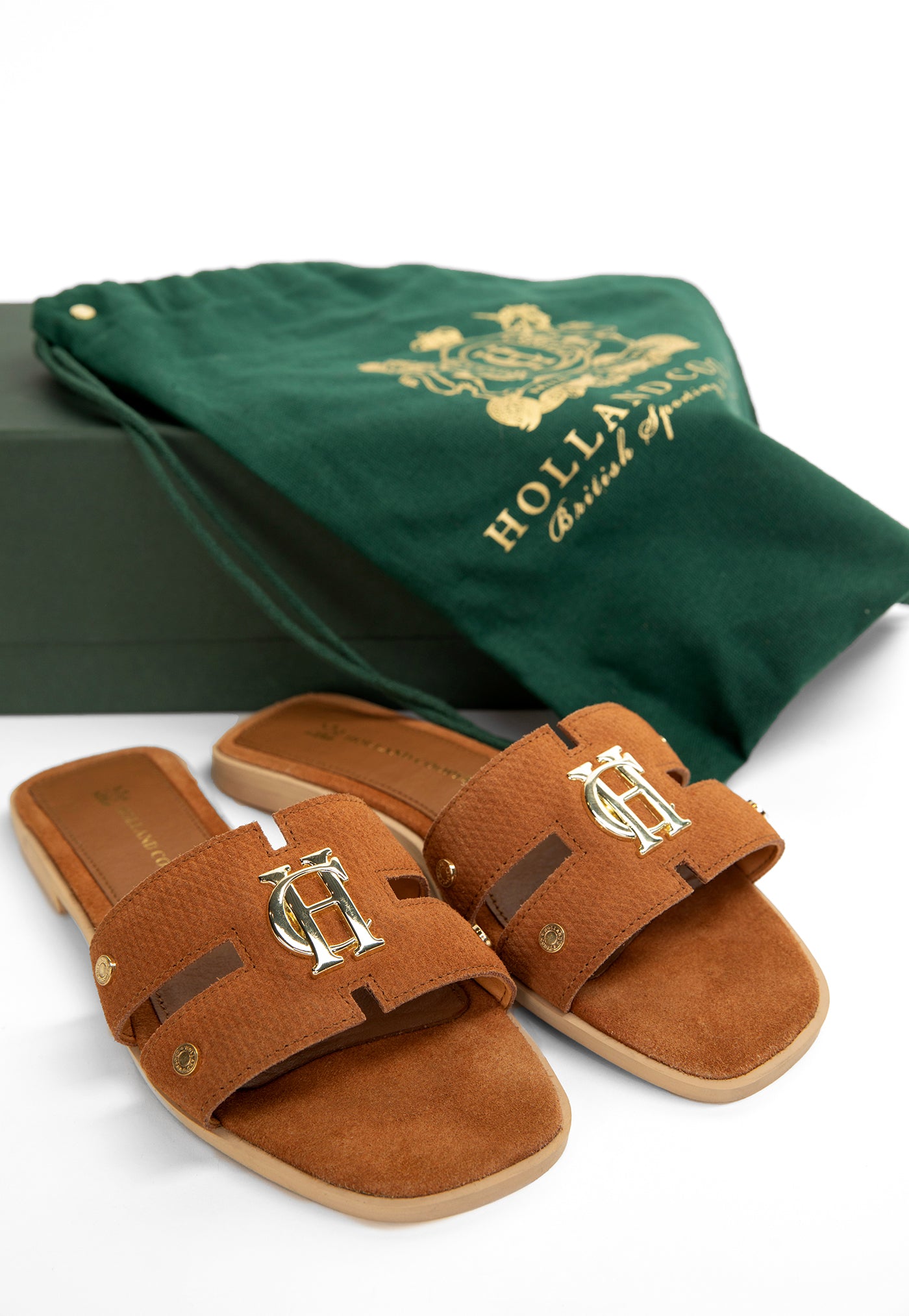 Monogram Slides - Tan Suede sold by Angel Divine