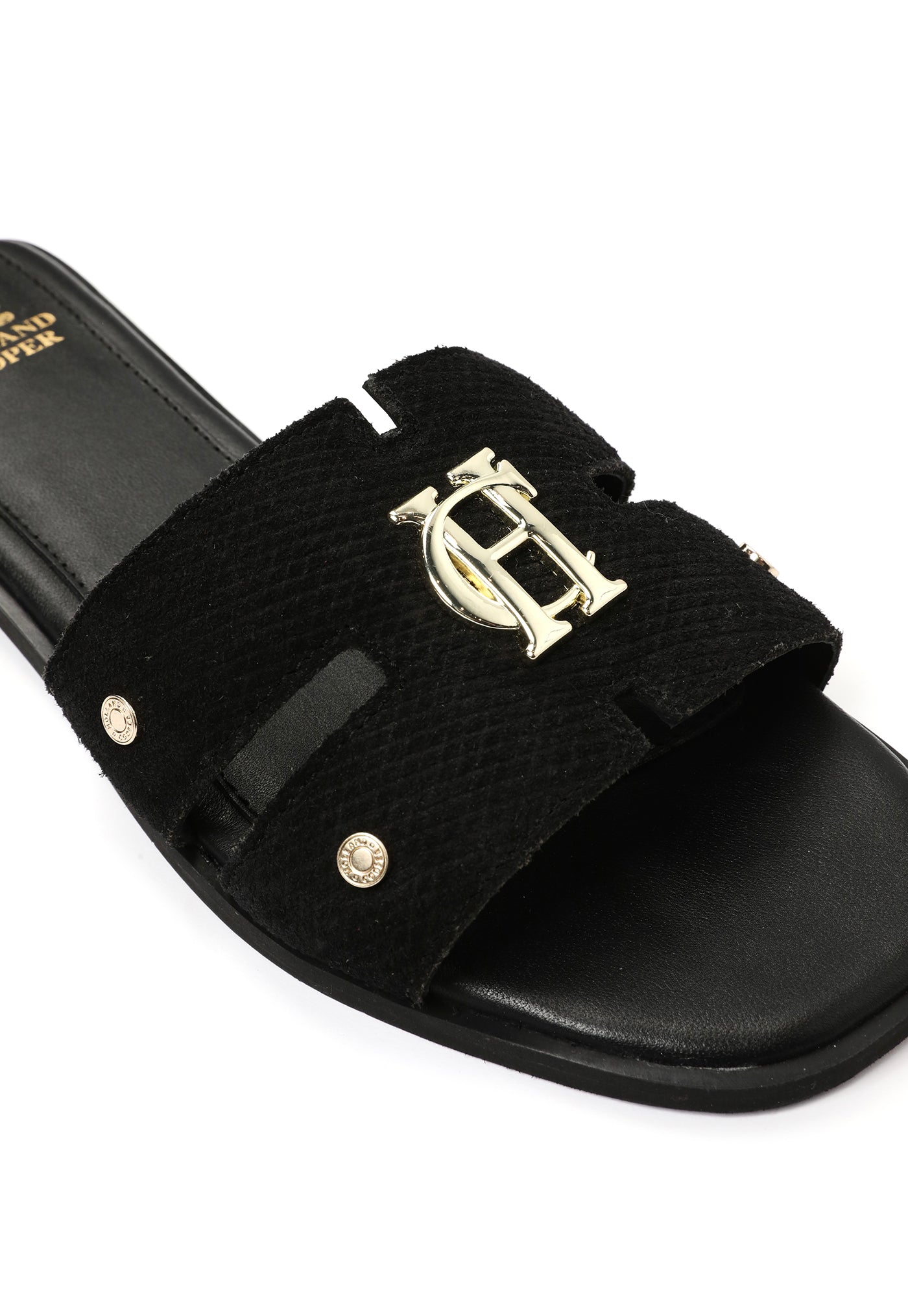 Monogram Slides - Black Suede sold by Angel Divine
