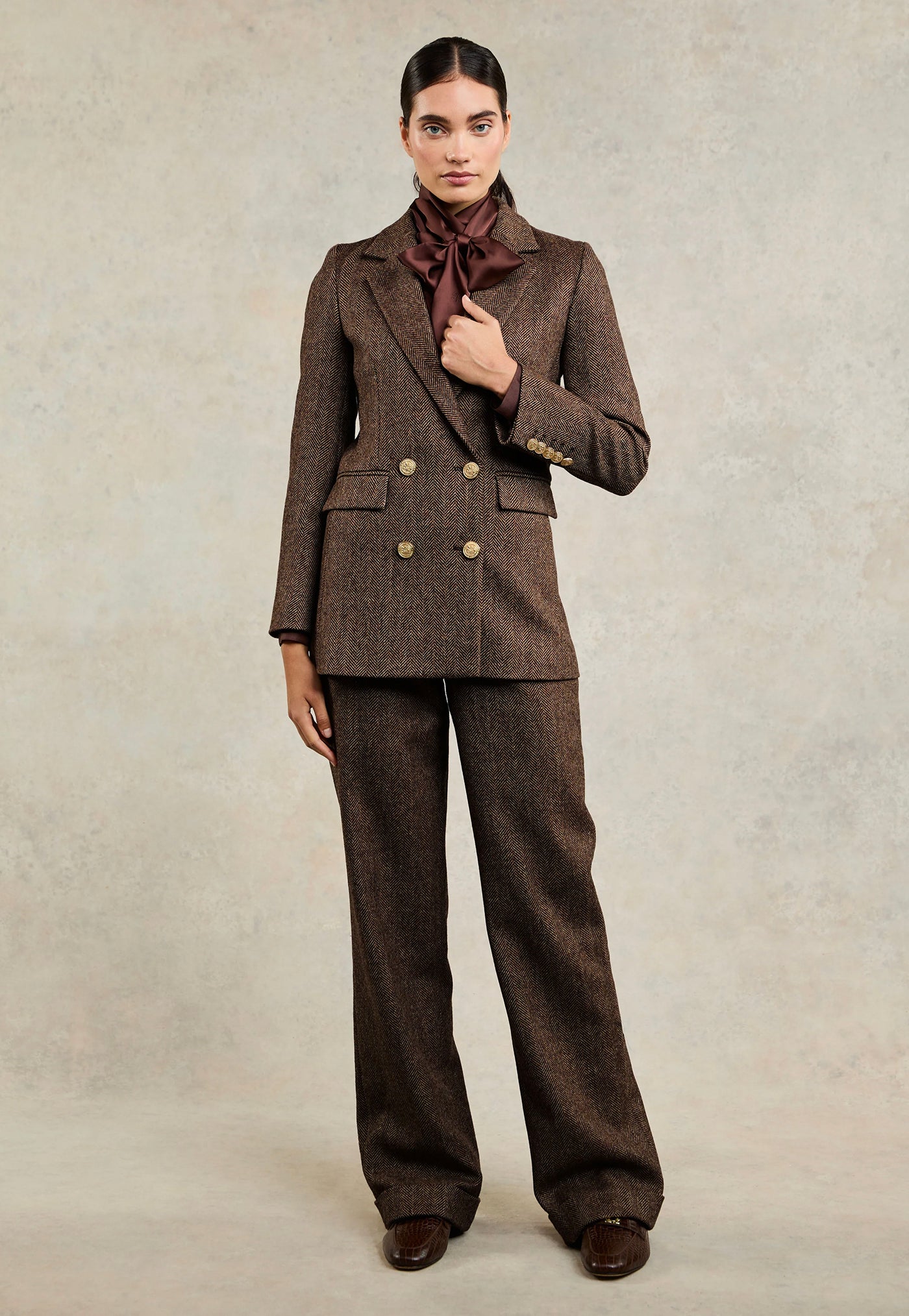 Double Breasted Blazer - Large Scale Brown Herringbone