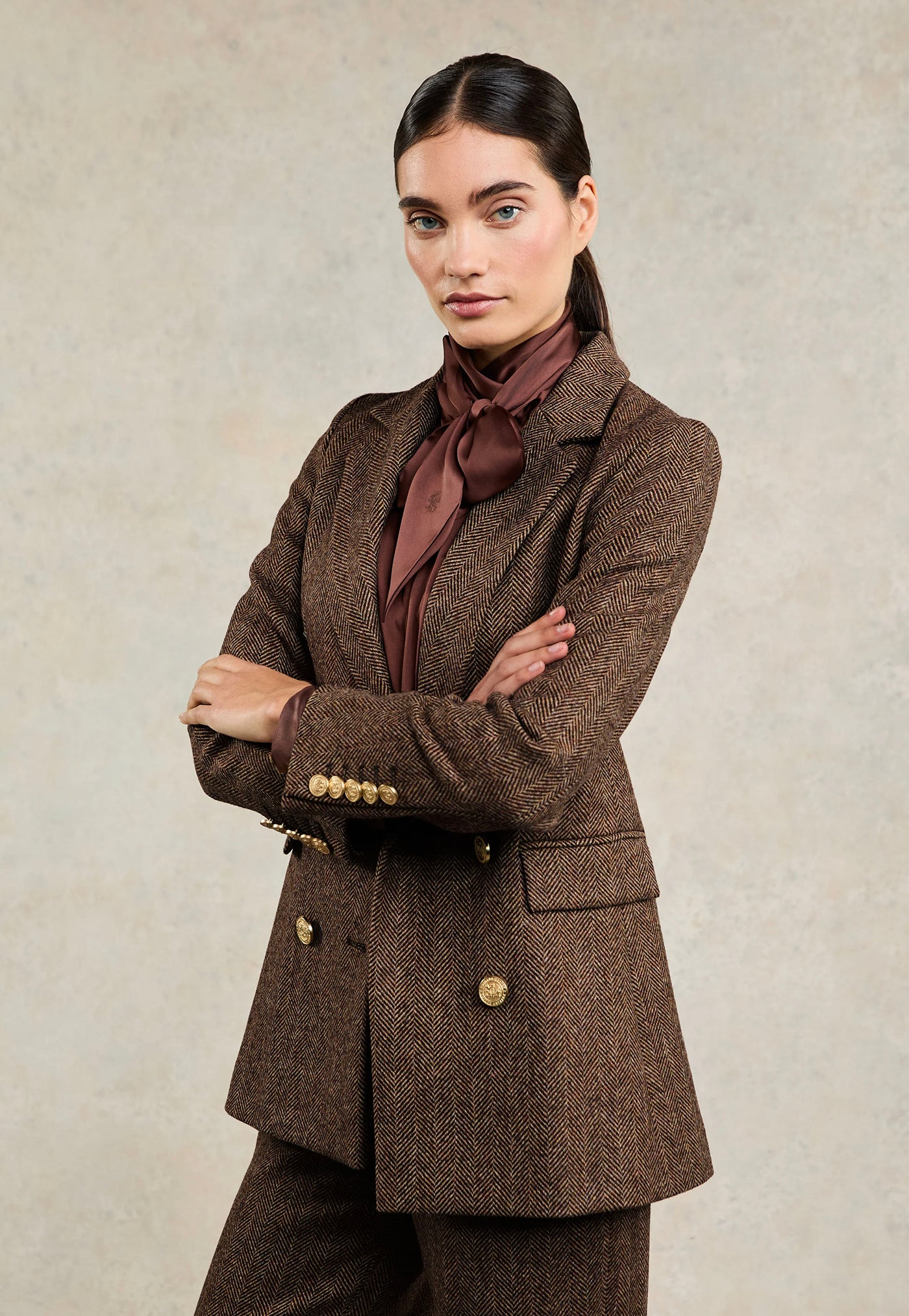 Double Breasted Blazer - Large Scale Brown Herringbone