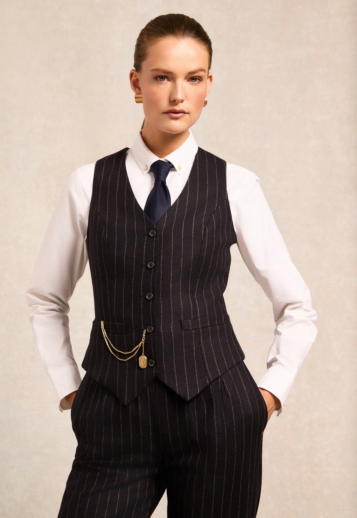 High Waisted Straight Trouser - Navy Chalk Pinstripe