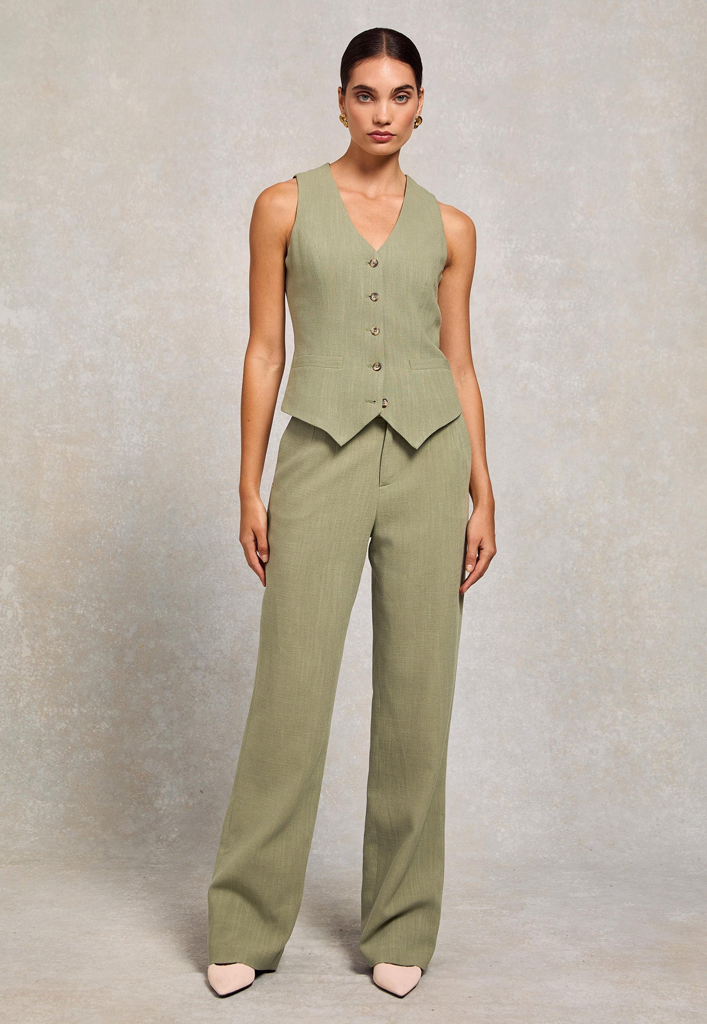 High Waisted Straight Trouser - Sage Linen