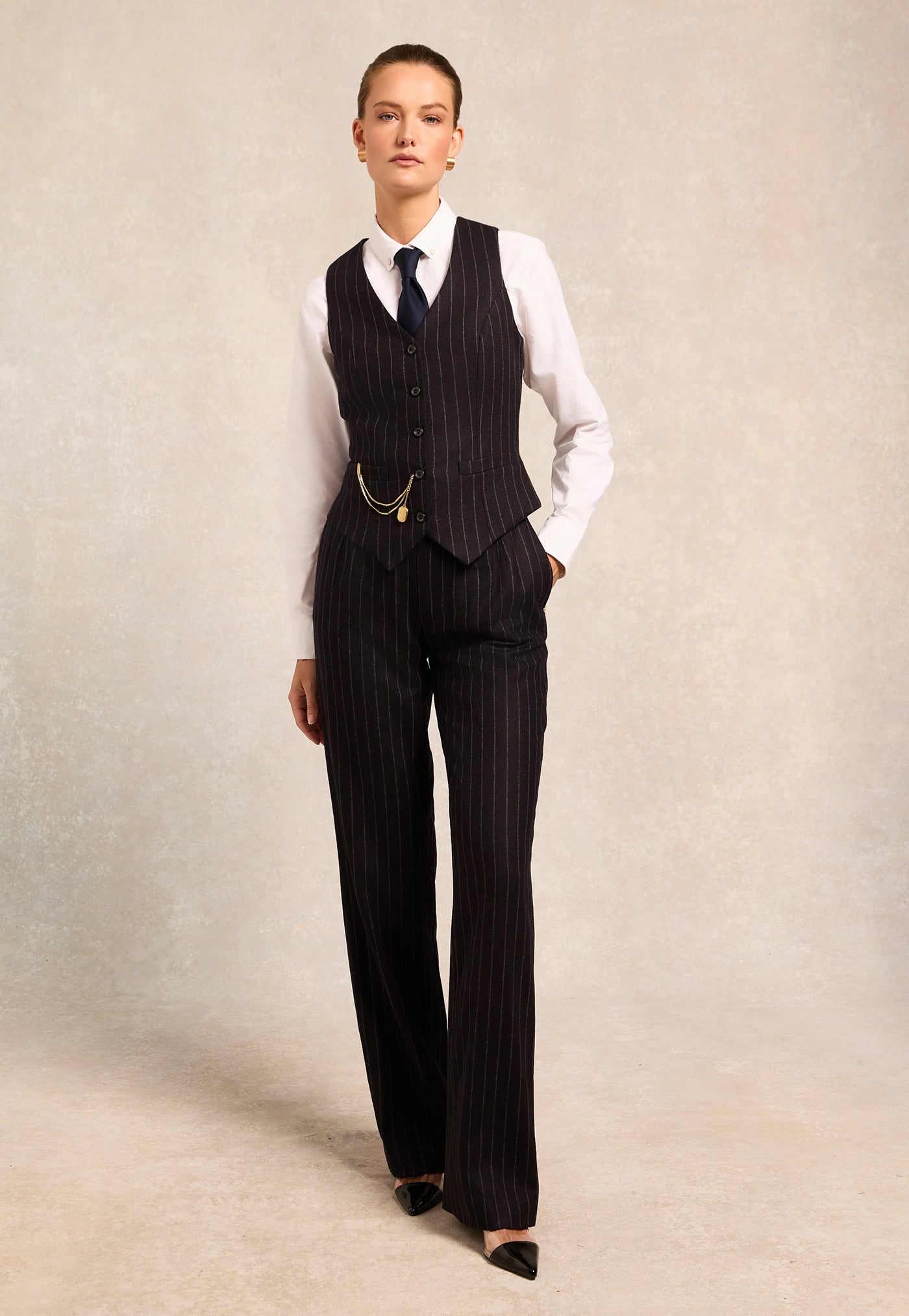 High Waisted Straight Trouser - Navy Chalk Pinstripe