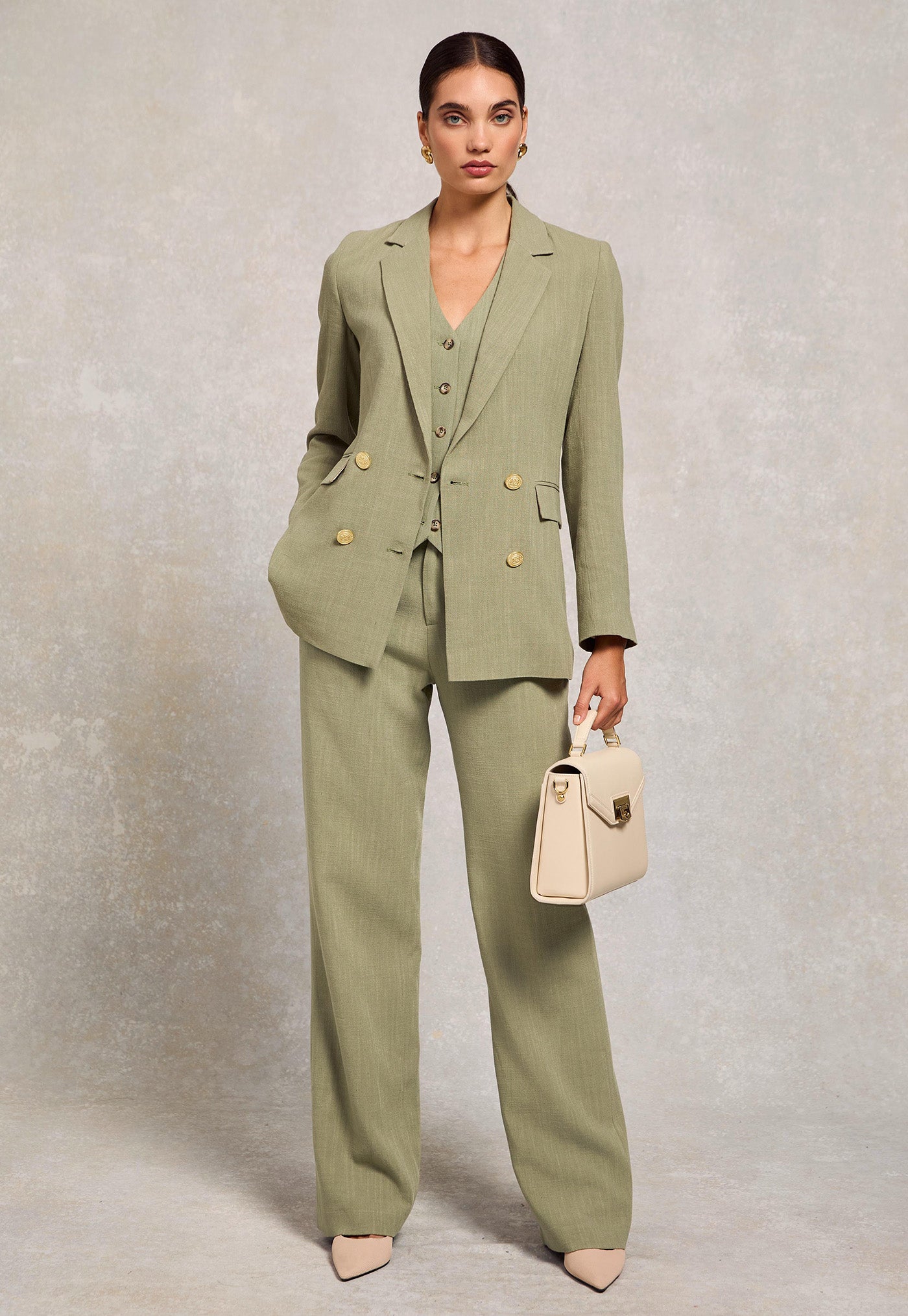 High Waisted Straight Trouser - Sage Linen