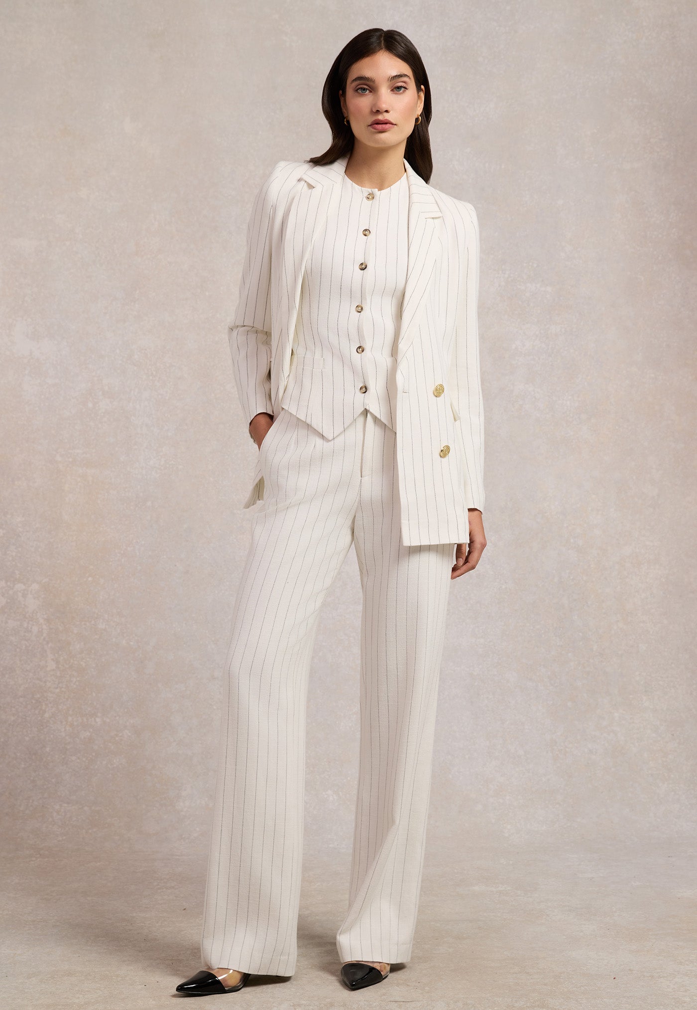 High Waisted Straight Trouser - Oyster Linen Pinstripe