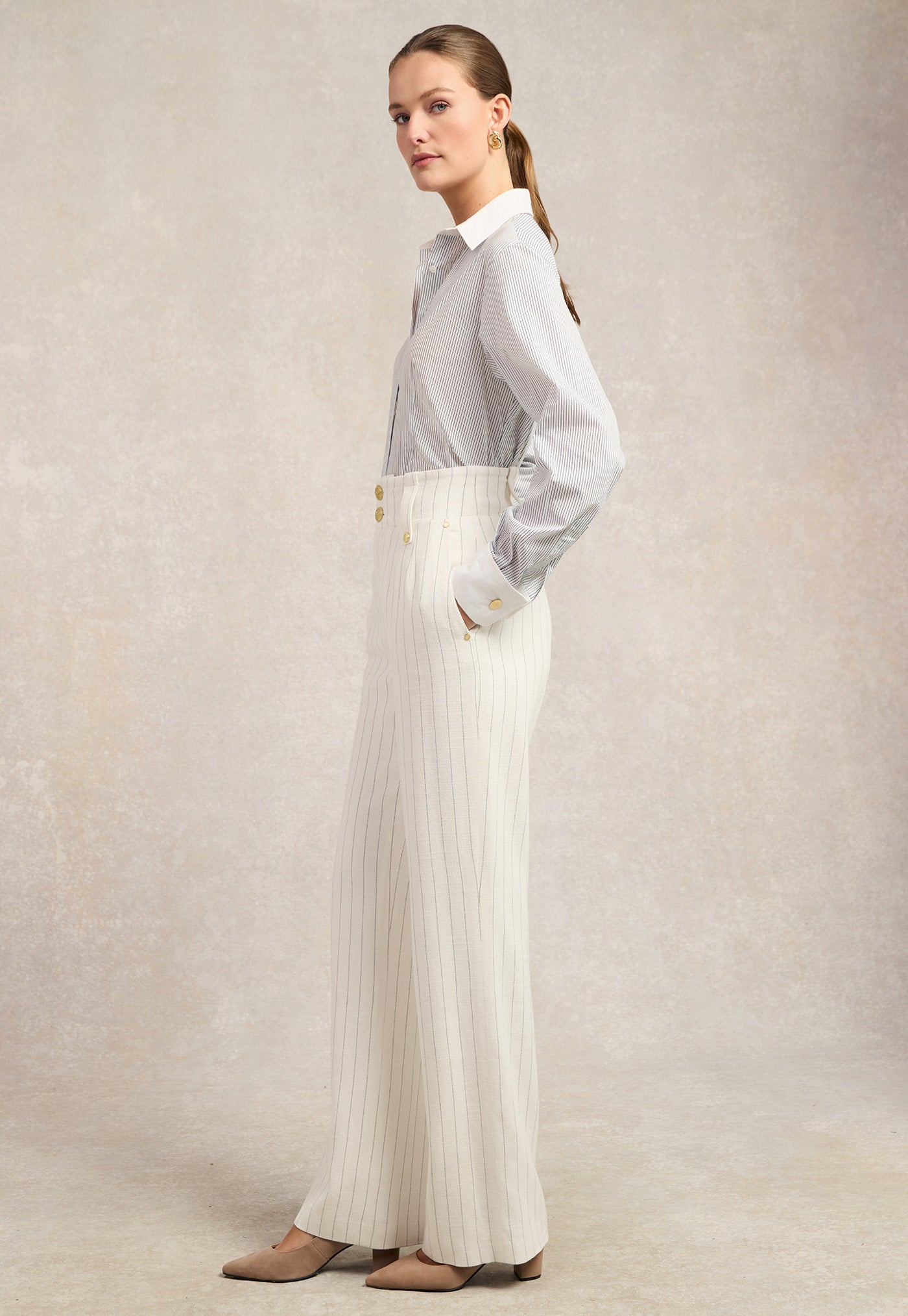 High Waisted Straight Trouser - Oyster Linen Pinstripe