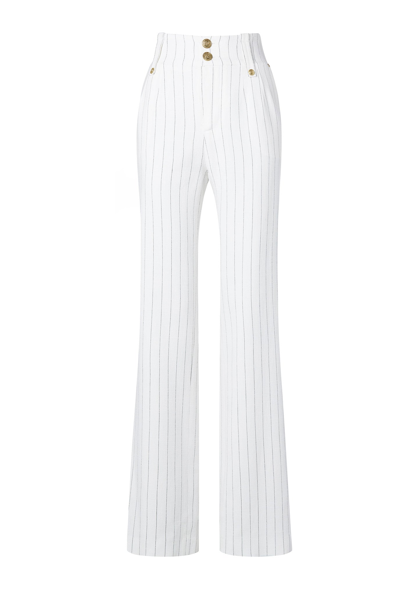 High Waisted Straight Trouser - Oyster Linen Pinstripe