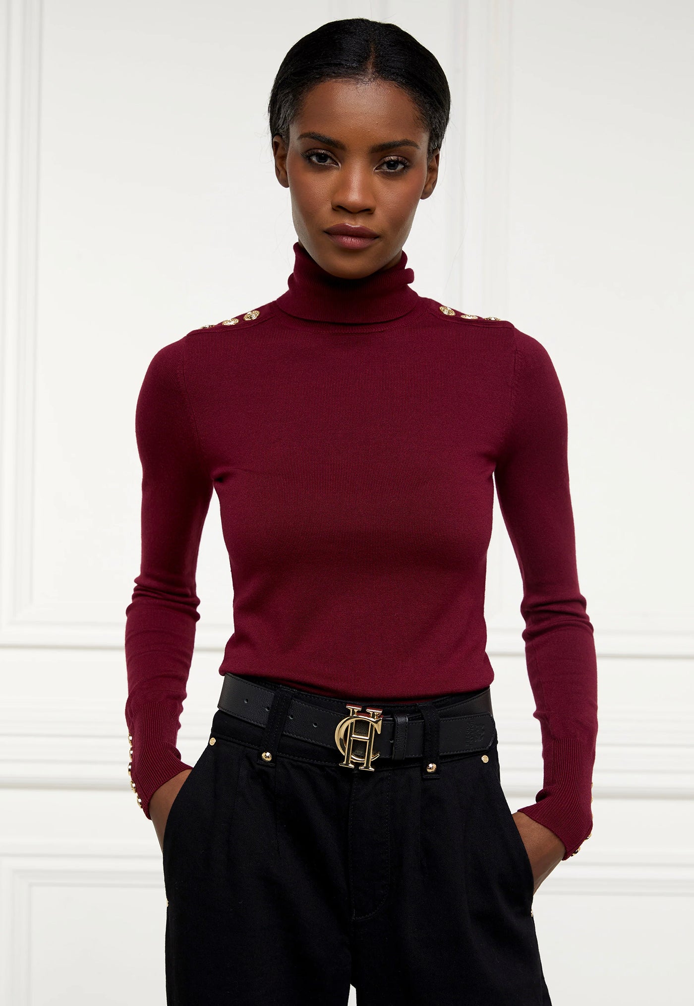 Buttoned Knit Roll Neck - Wine