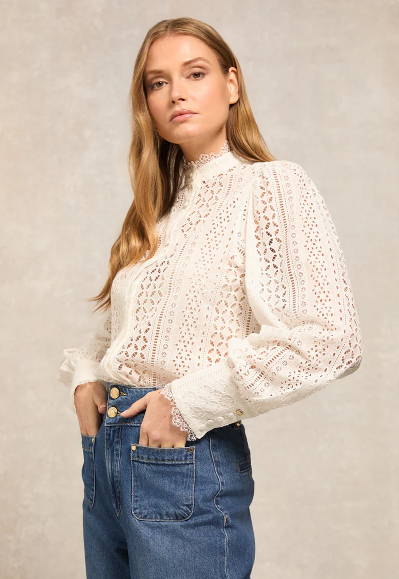 Collarless Broderie Shirt - White