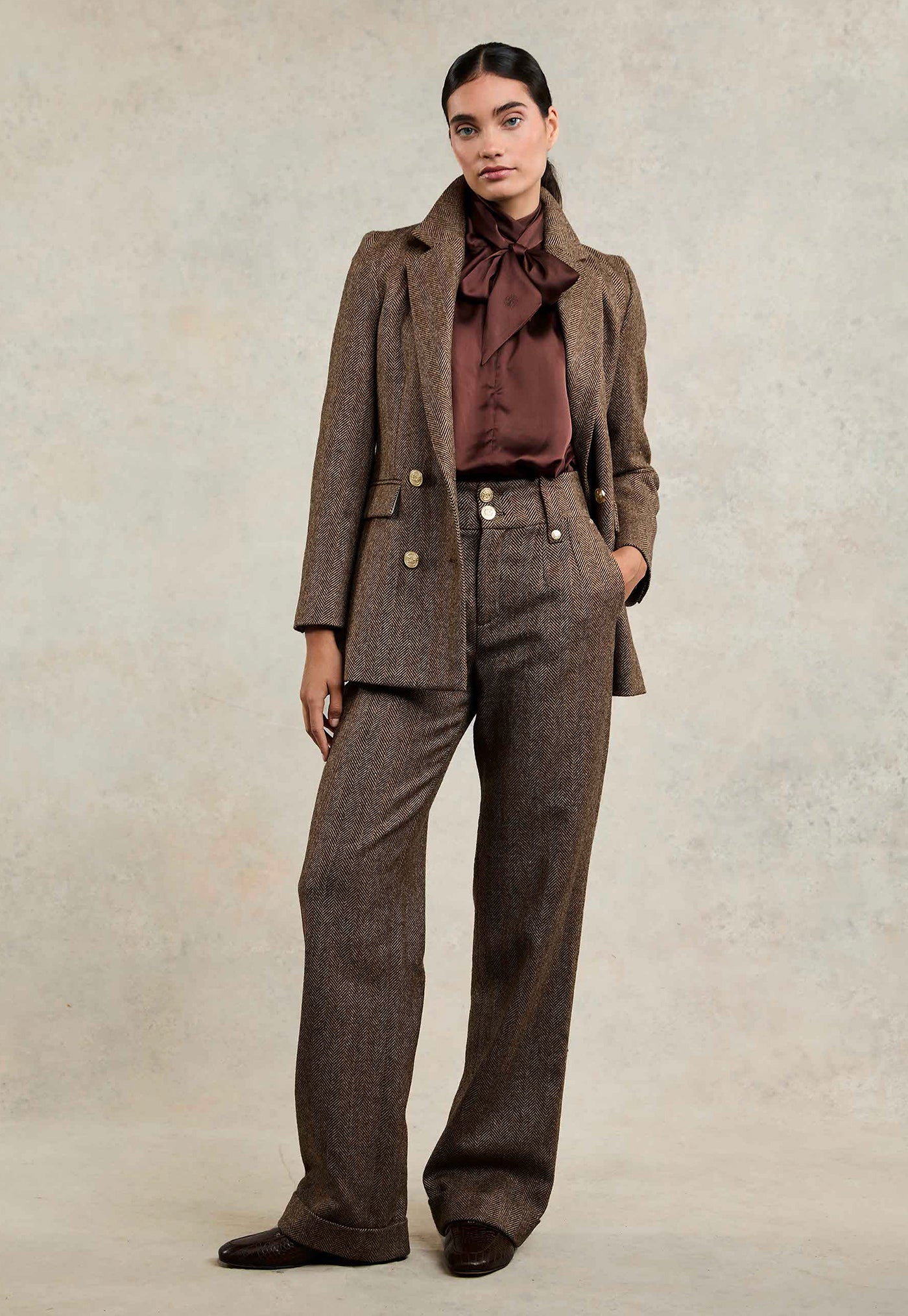 High Waisted Wide Leg Trouser - Large Scale Brown Herringbone