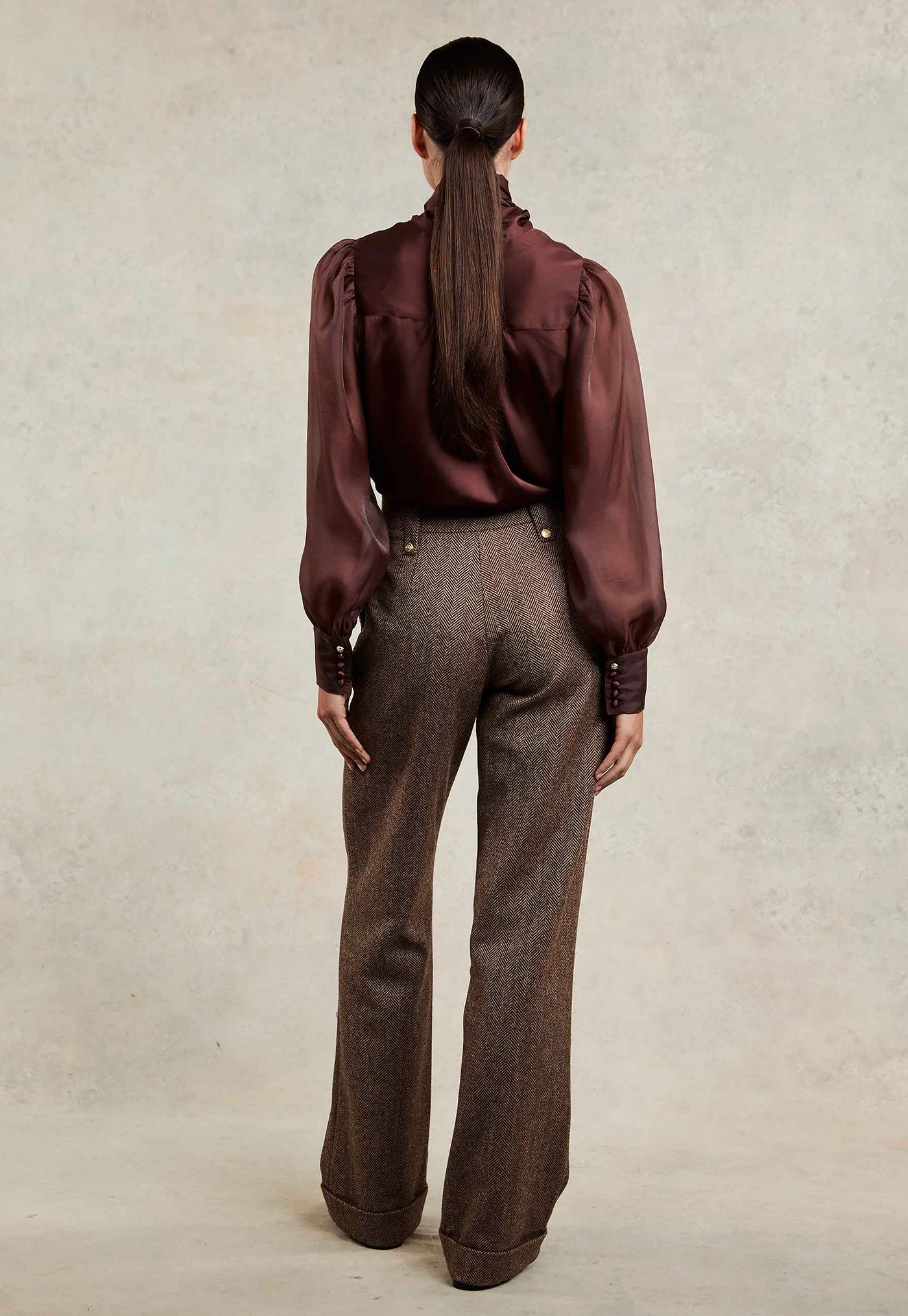 High Waisted Wide Leg Trouser - Large Scale Brown Herringbone