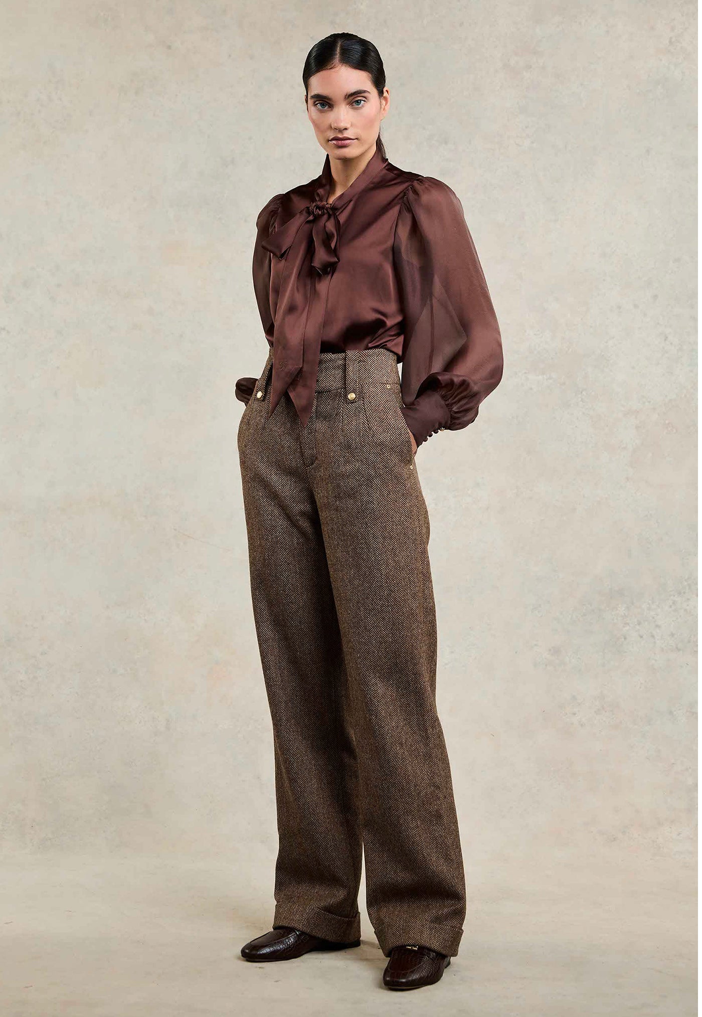 High Waisted Wide Leg Trouser - Large Scale Brown Herringbone