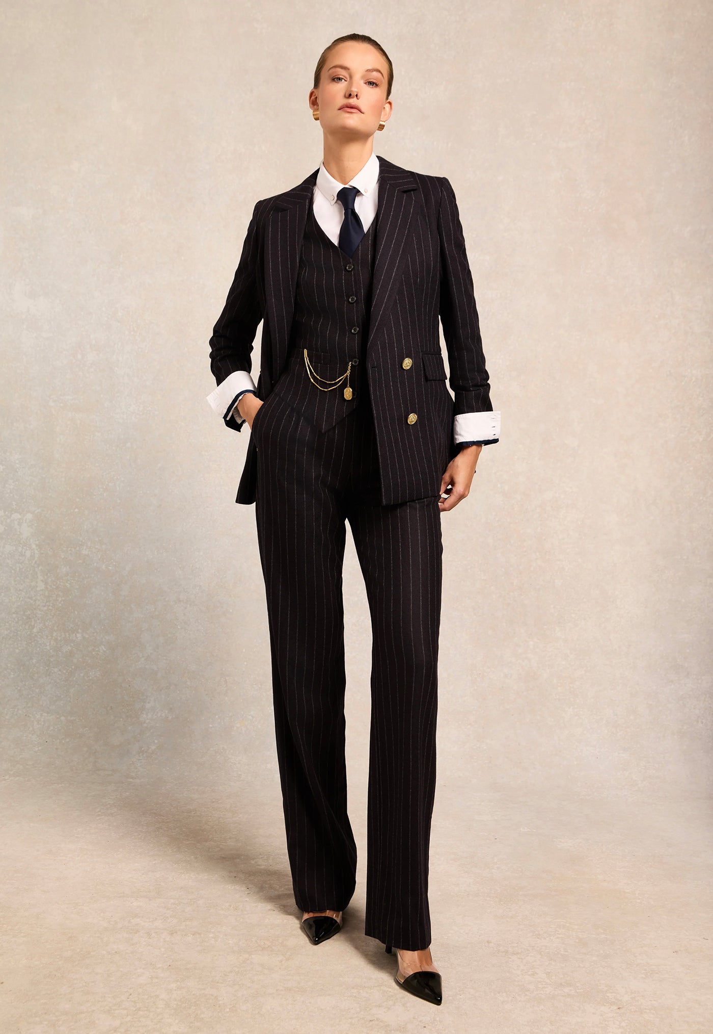 Double Breasted Blazer - Navy Chalk Pinstripe