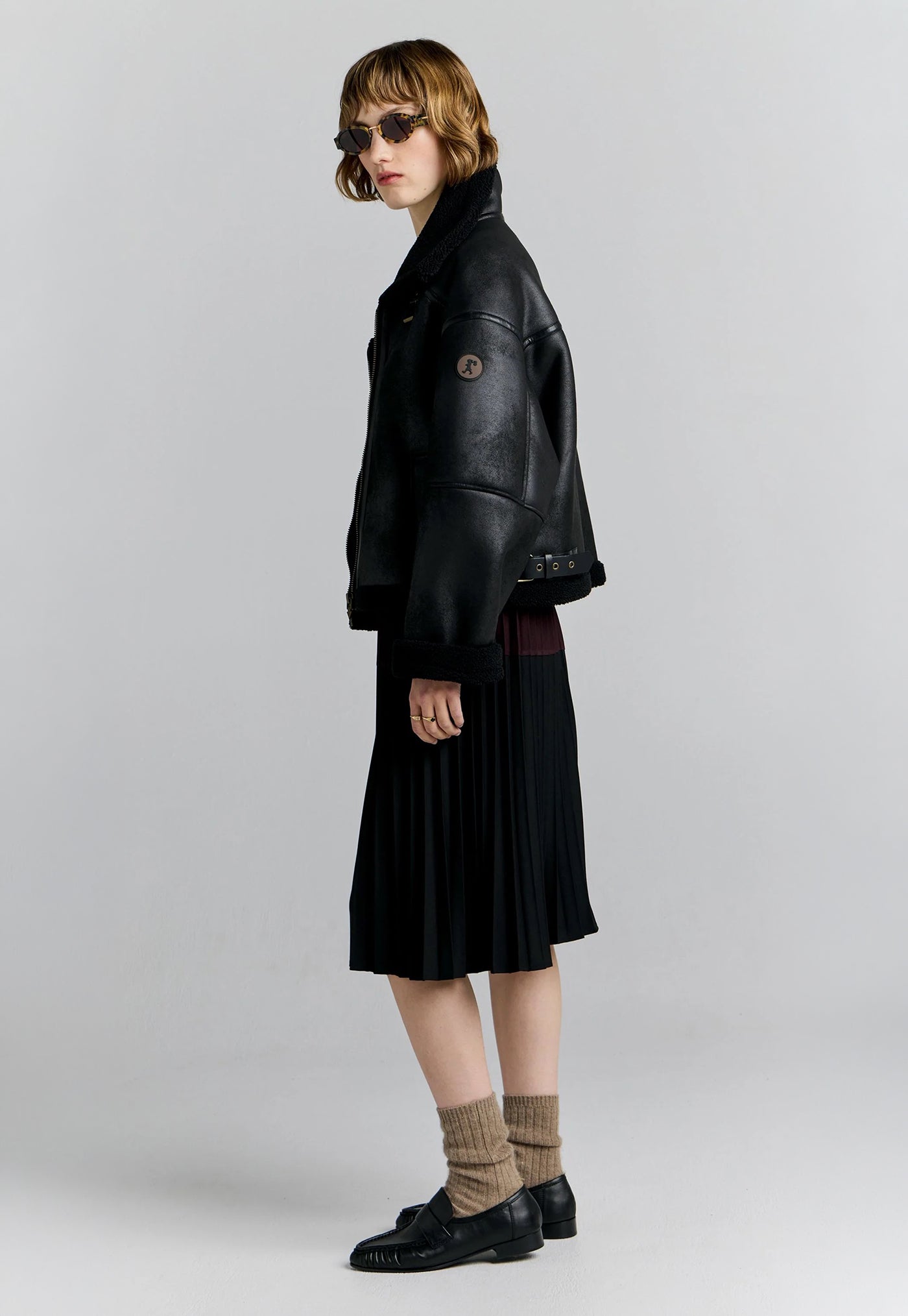 Cropped Aviator Jacket - Black/Brown
