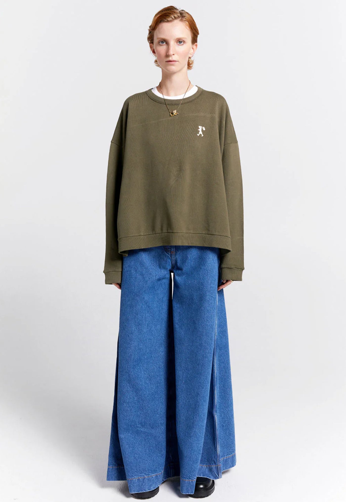 Embroidered Runaway Girl Classic Organic Cotton Crewneck Sweatshirt - Hunter Green