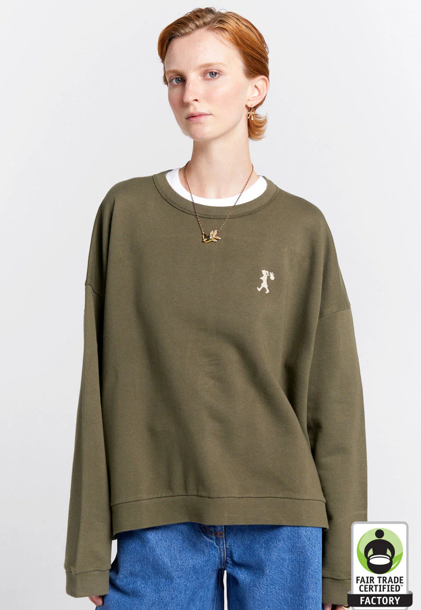 Embroidered Runaway Girl Classic Organic Cotton Crewneck Sweatshirt - Hunter Green