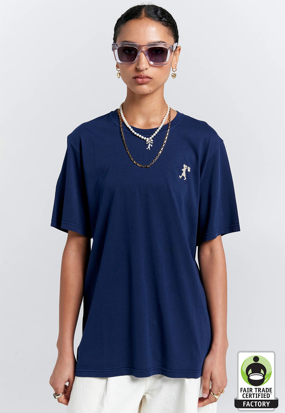 Embroidered Runaway Girl Classic Organic Cotton T-Shirt - Navy