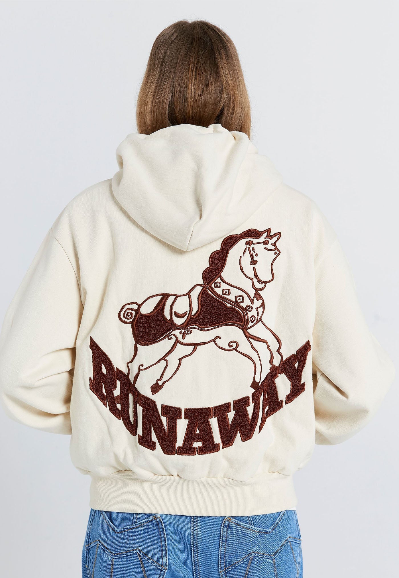 Rocking Horse Cropped Oversized Hoodie - Ecru/Mocha