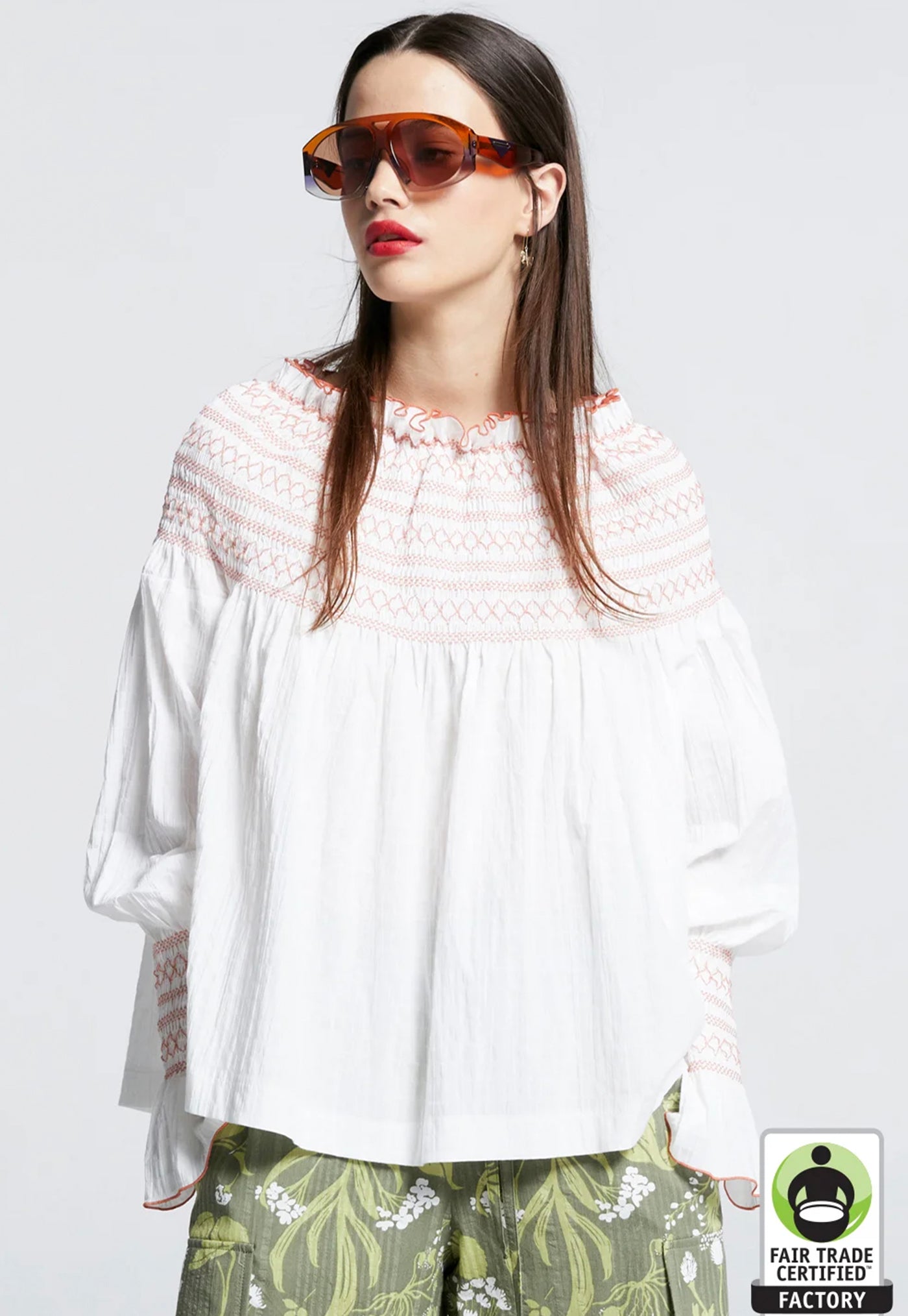 Gaia Long Sleeve Smocked Blouse - Organic Cotton White/Watermelon