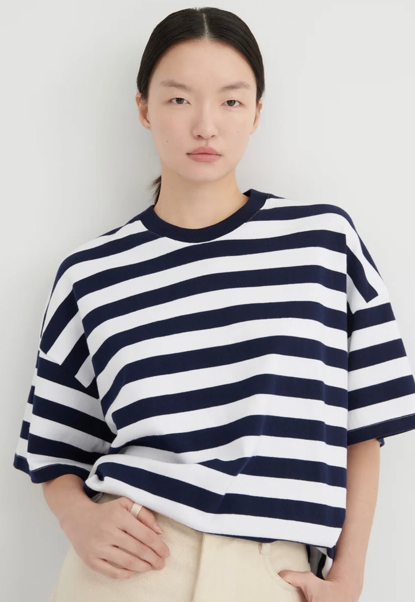 Oversized Boxy Tee - Navy White Stripe