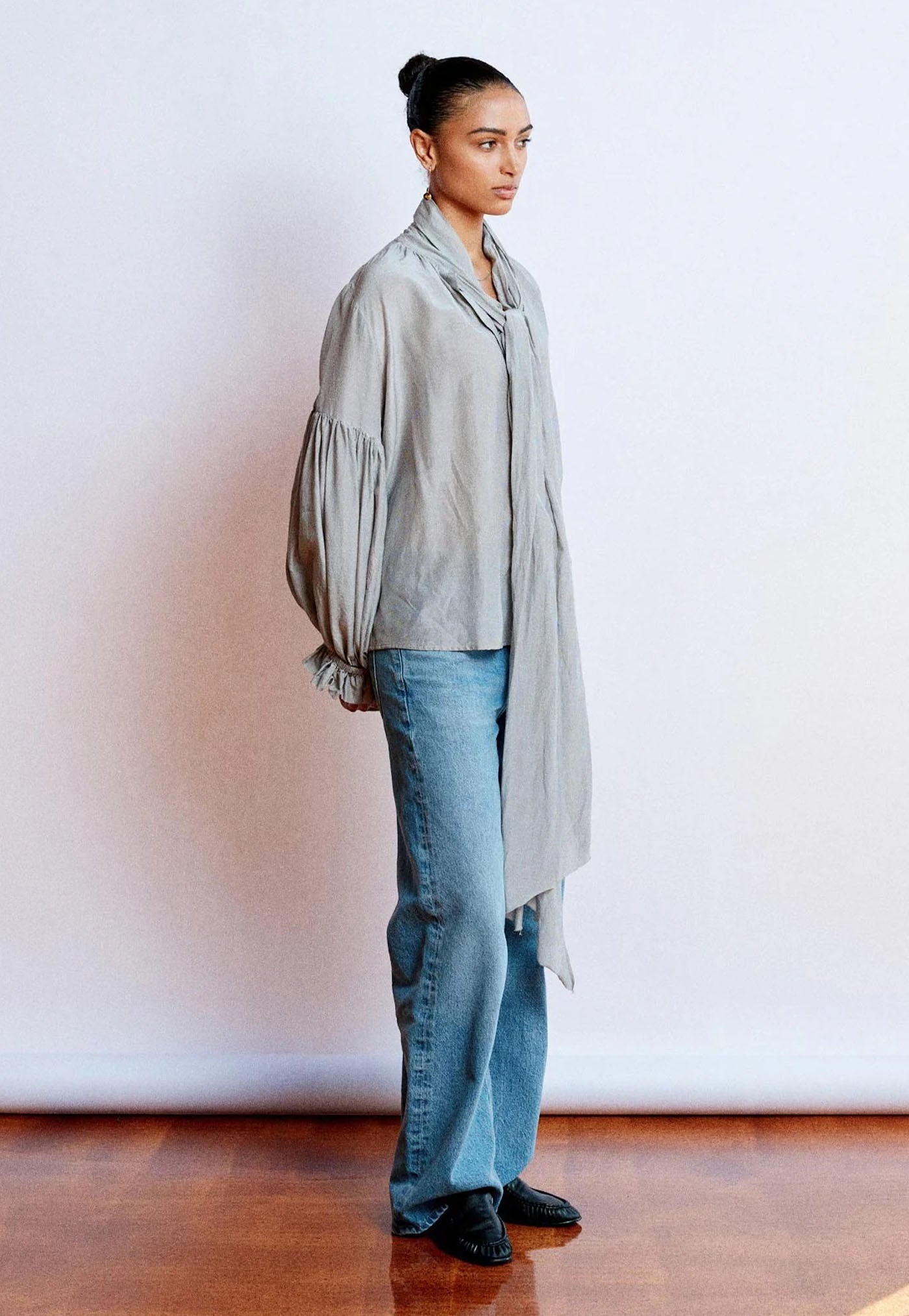 Bow Blouse - Carbon Pinstripe