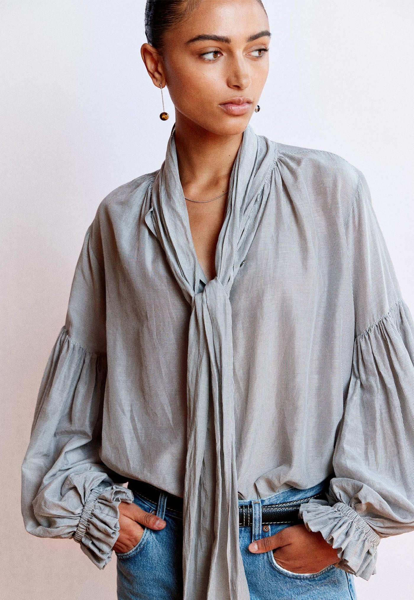 Bow Blouse - Carbon Pinstripe