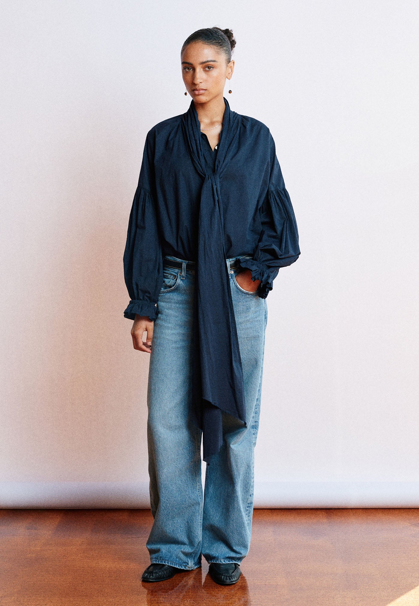Bow Blouse - Navy Cotton Voile