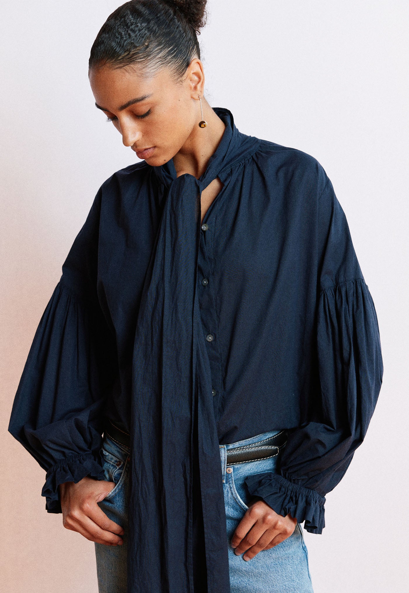 Bow Blouse - Navy Cotton Voile