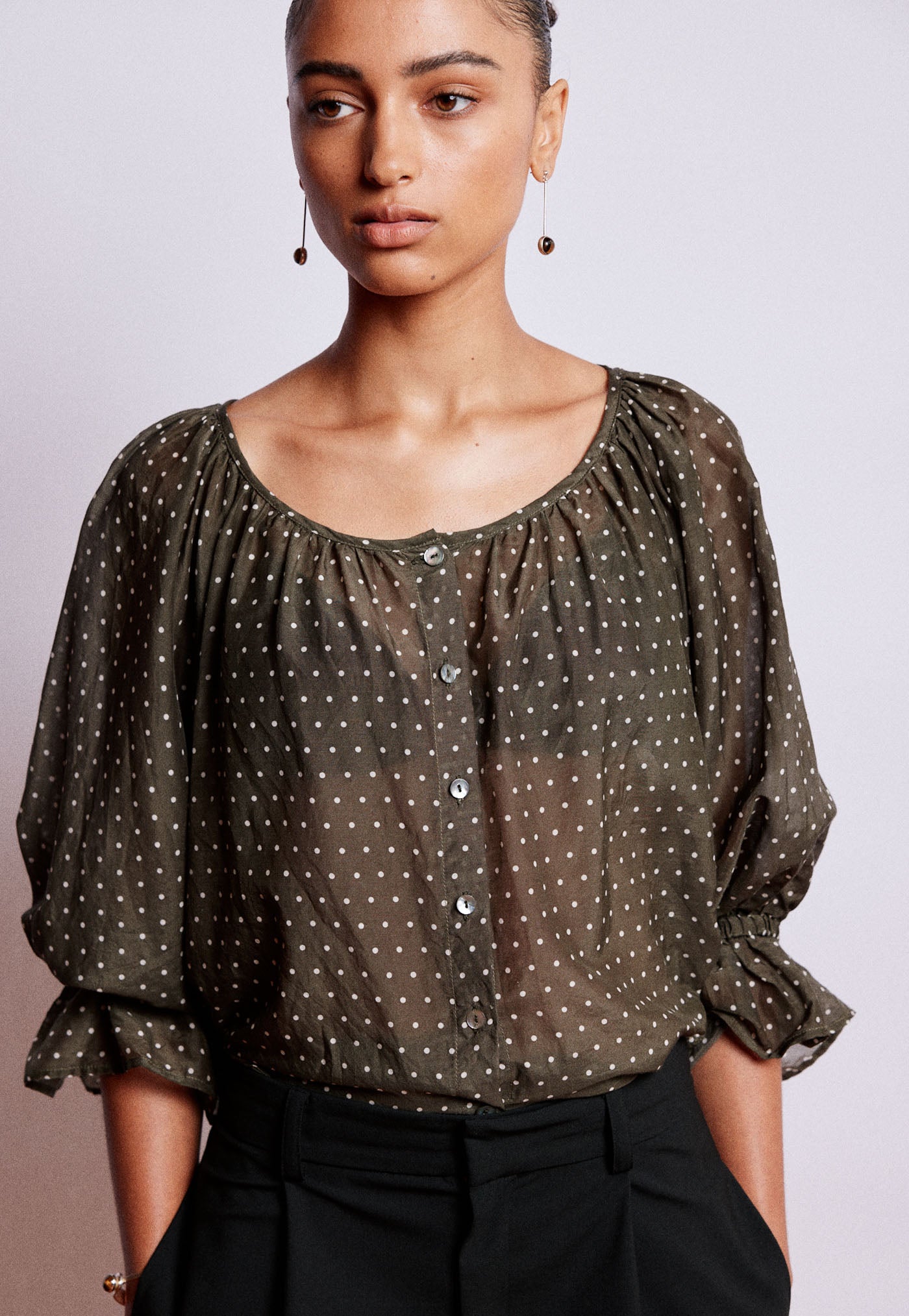 House Bon Blouse - Olive Polka Dot