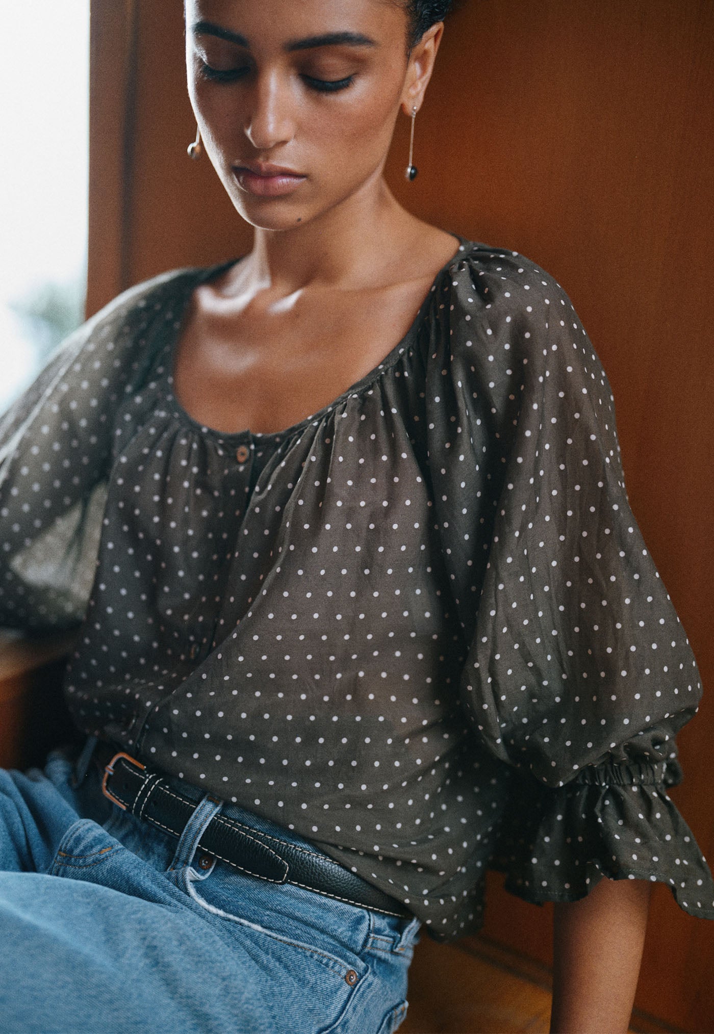 House Bon Blouse - Olive Polka Dot