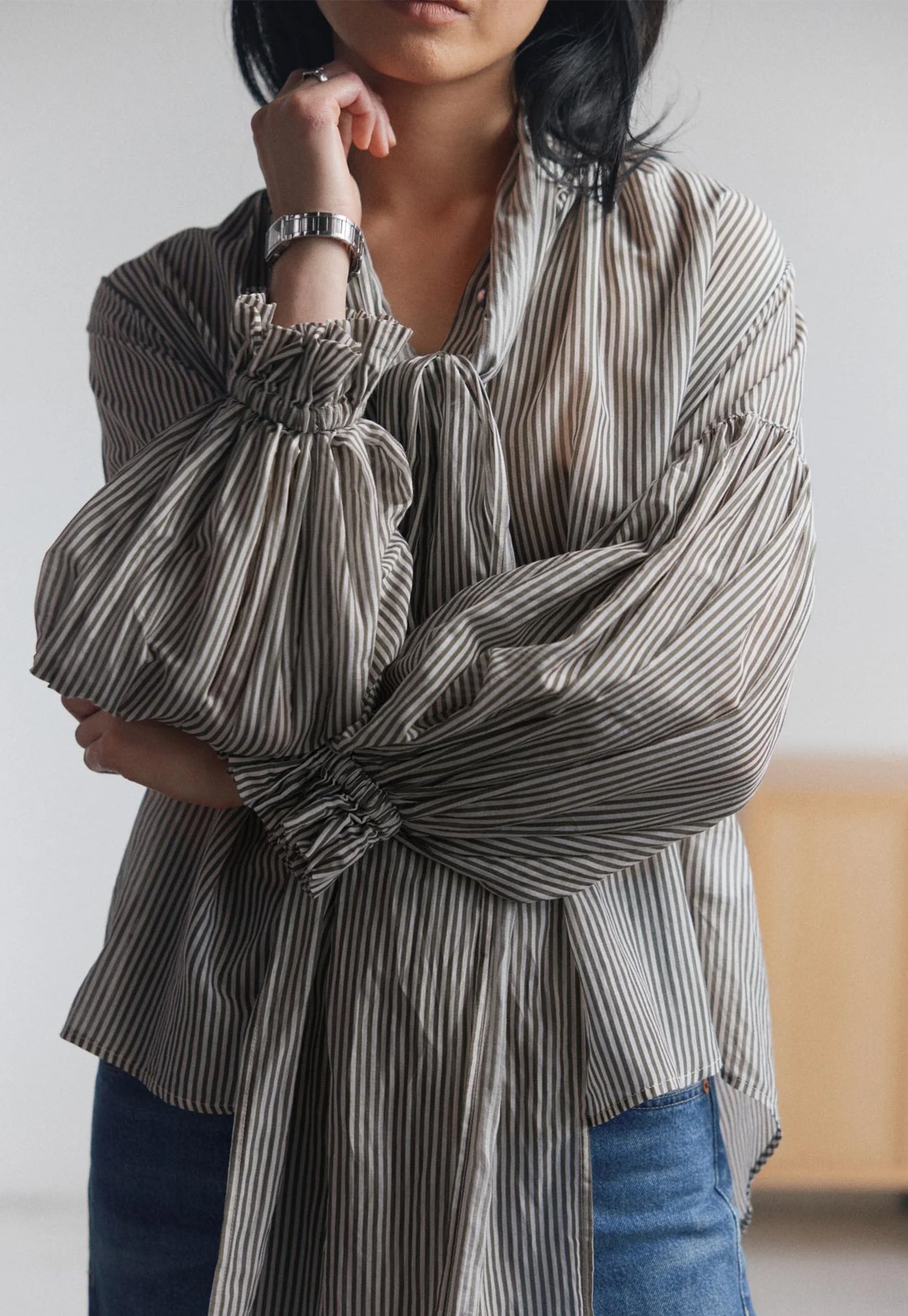 Bow Blouse - Tank/Eggshell Stripe