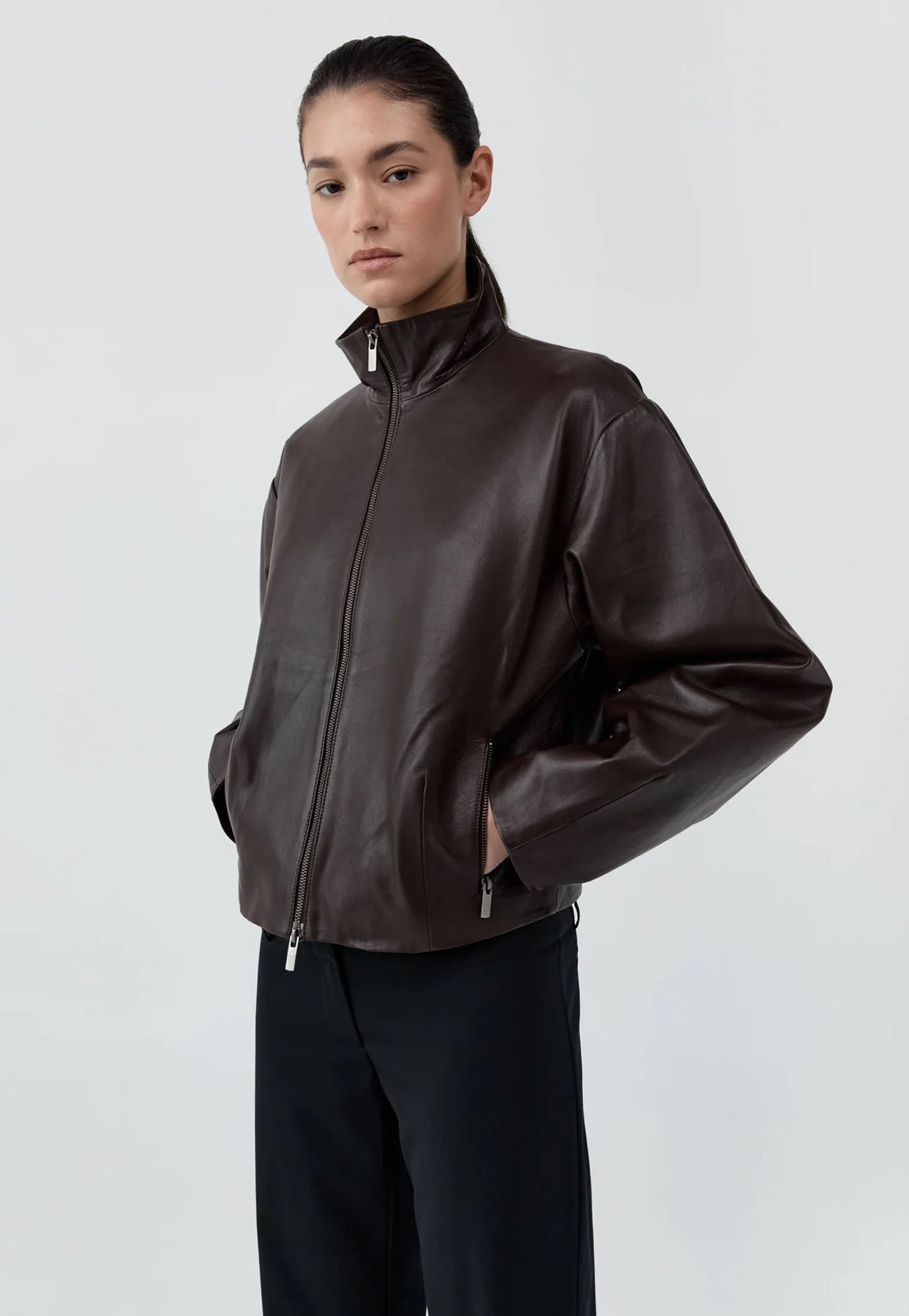 Cocoon Zip Leather Jacket - Chocolate