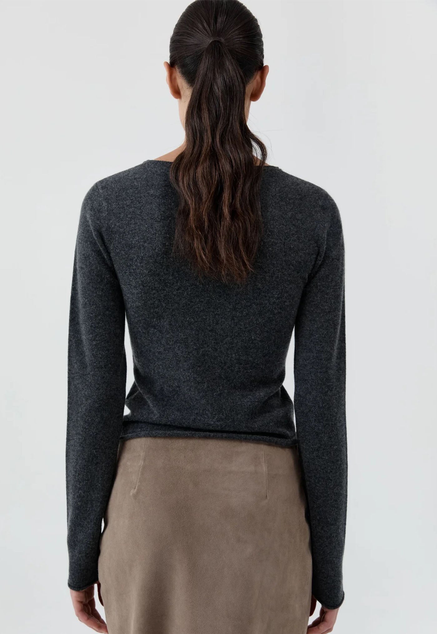 Fine Merino Wool Long Sleeve Top - Charcoal Melange
