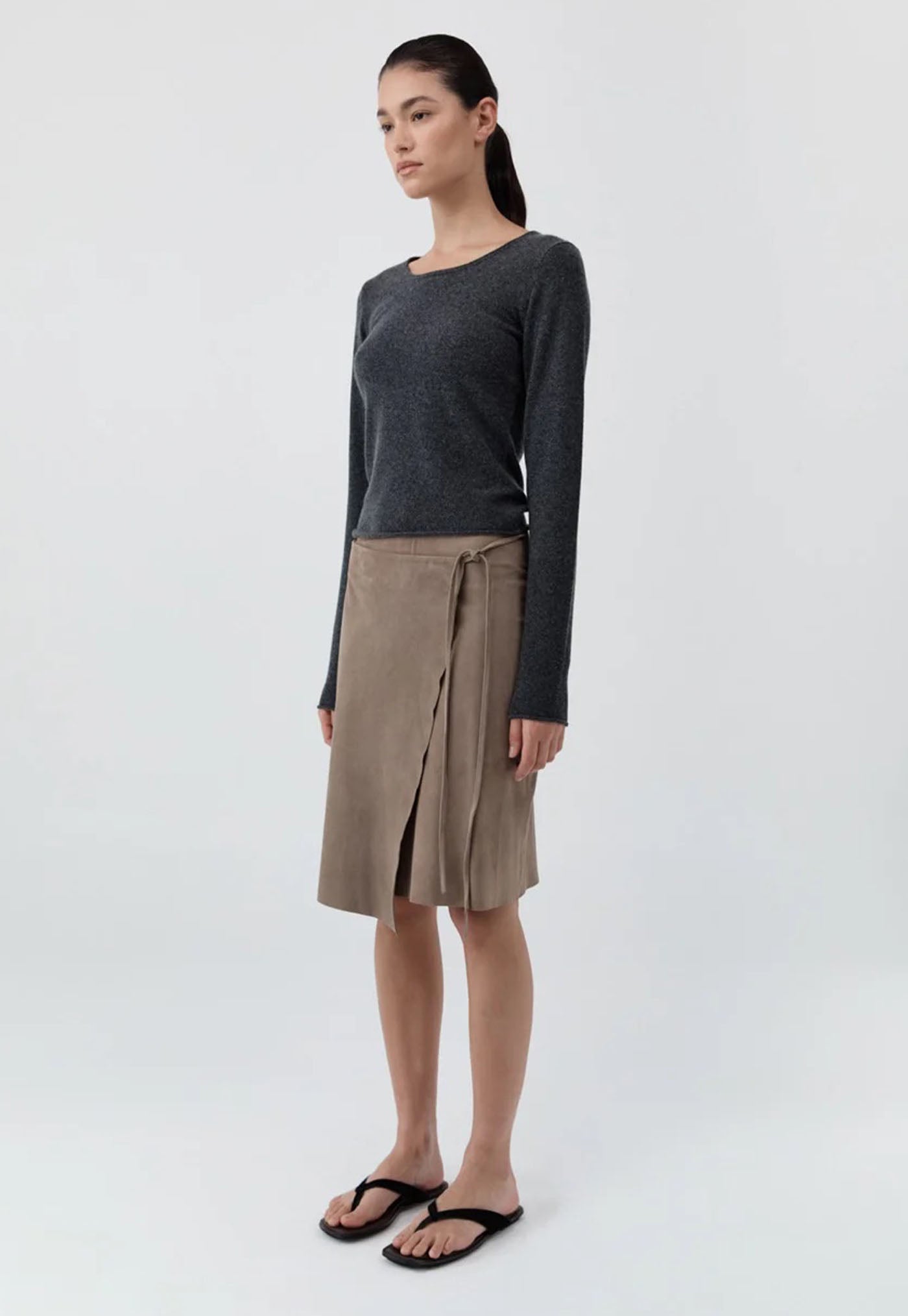 Fine Merino Wool Long Sleeve Top - Charcoal Melange