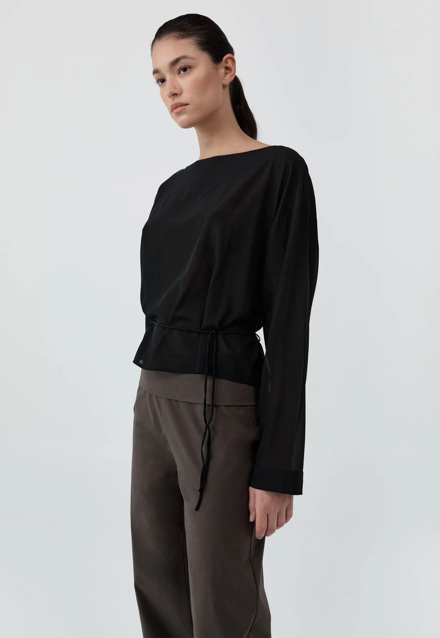 Stretch Silk Bateau Top - Black