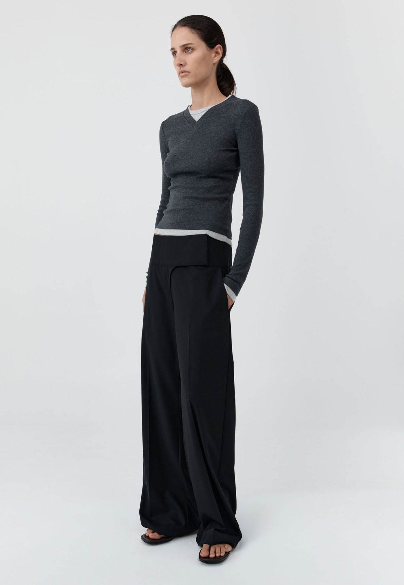 Wool Wide Waistband Pants - Black