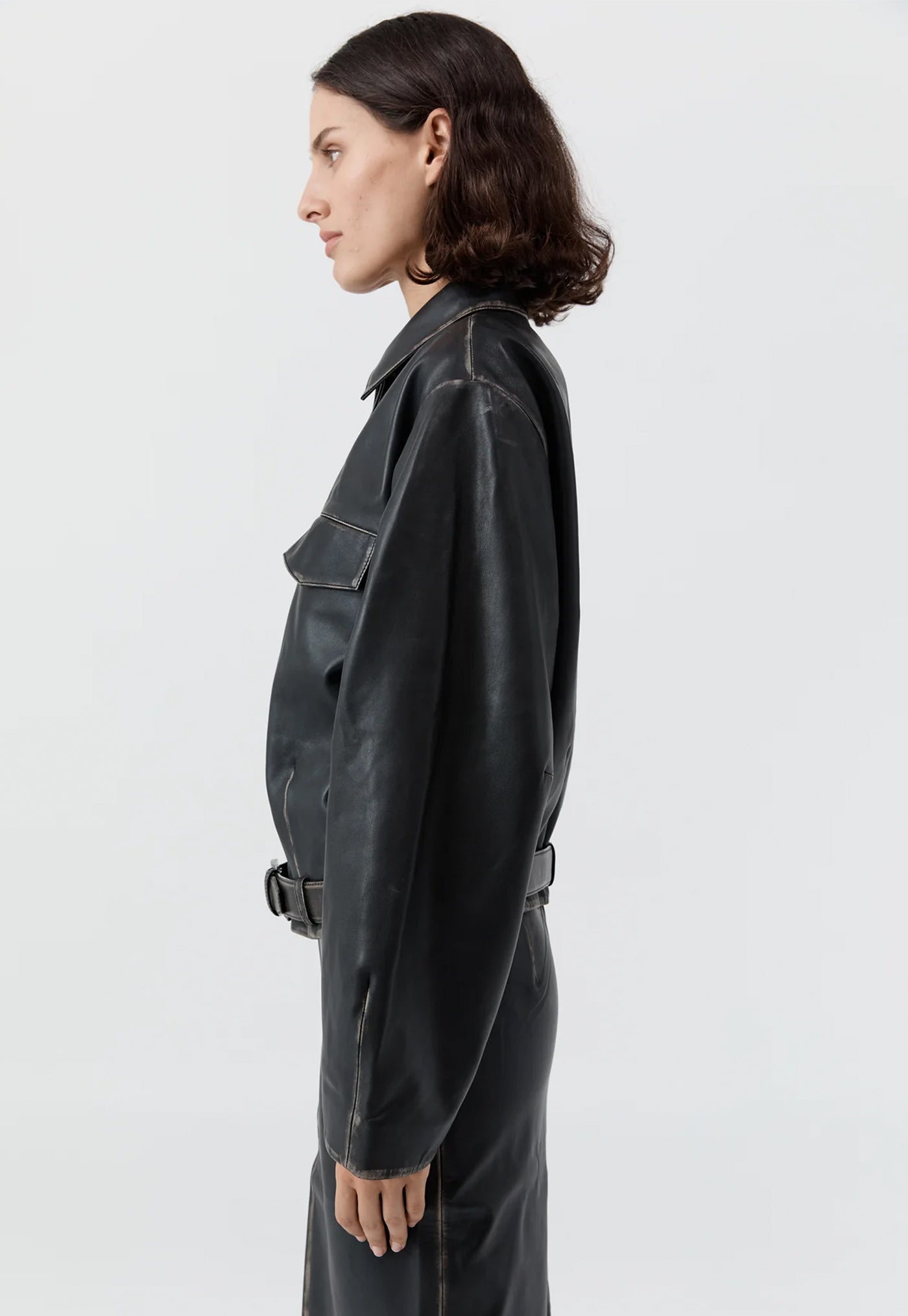 Brushed Leather Belted Jacket - Black