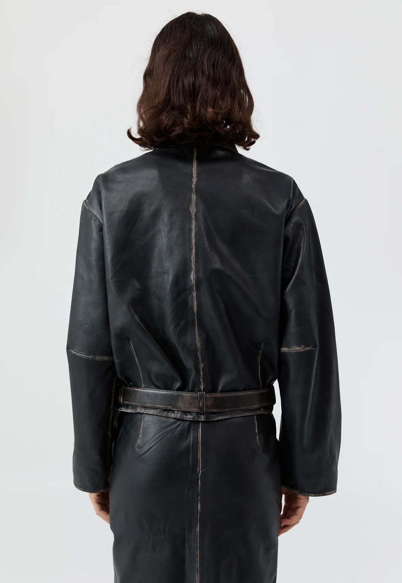 Brushed Leather Belted Jacket - Black