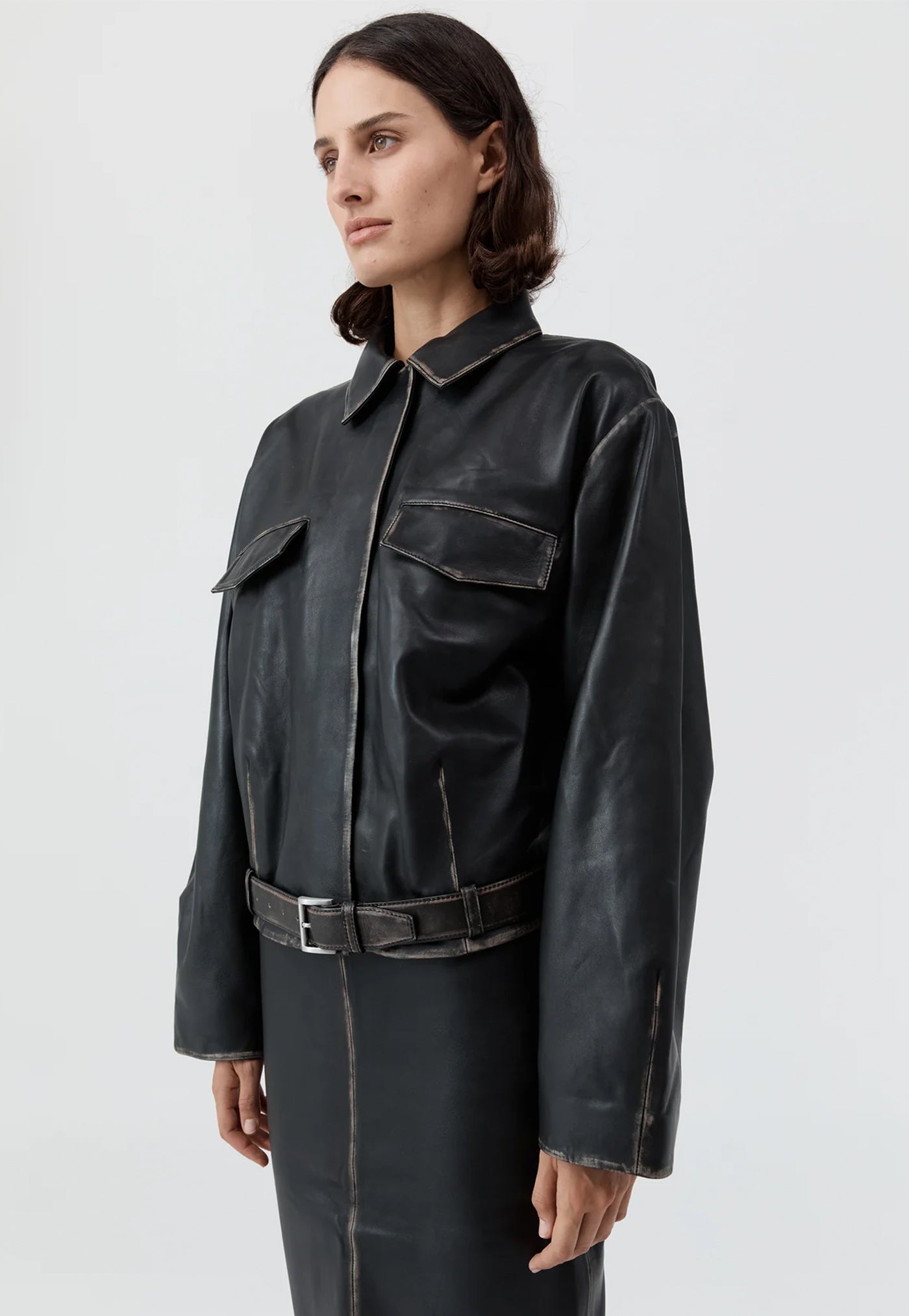 Brushed Leather Belted Jacket - Black