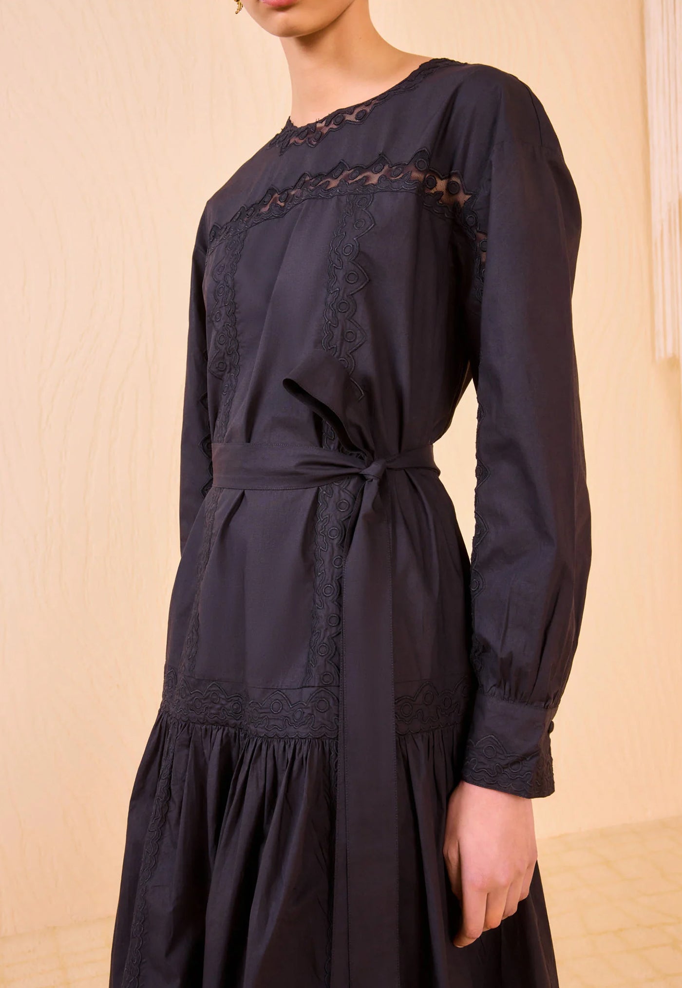 Brin Drop Waist Long Sleeve Dress - Noir