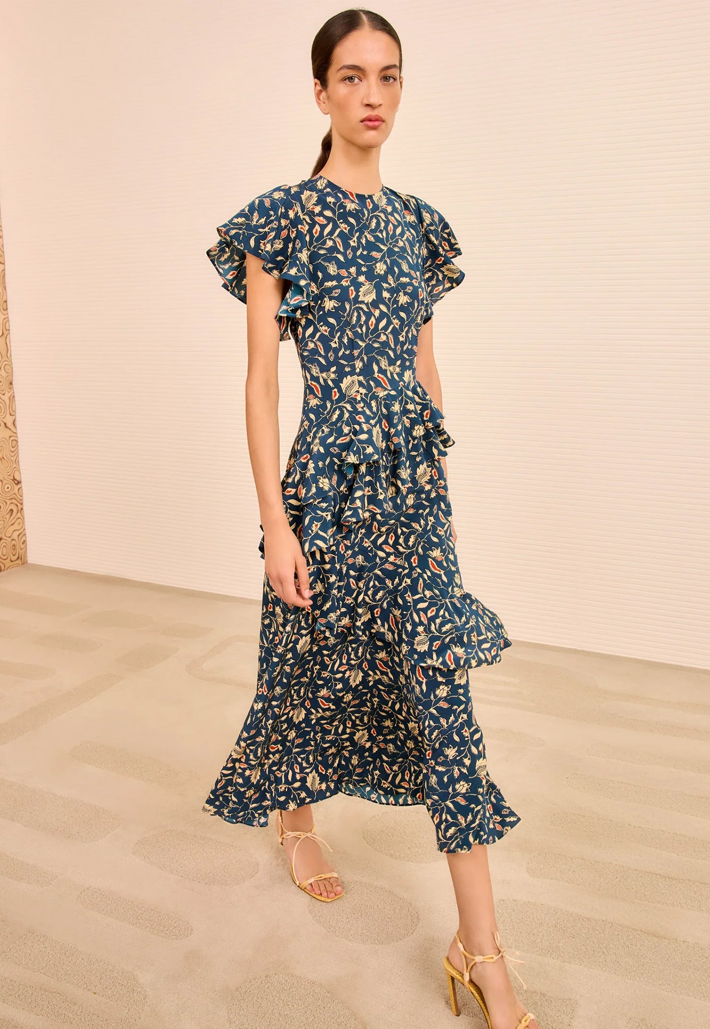 Amaia Cascading Ruffle Midi Dress - Midnight Garden