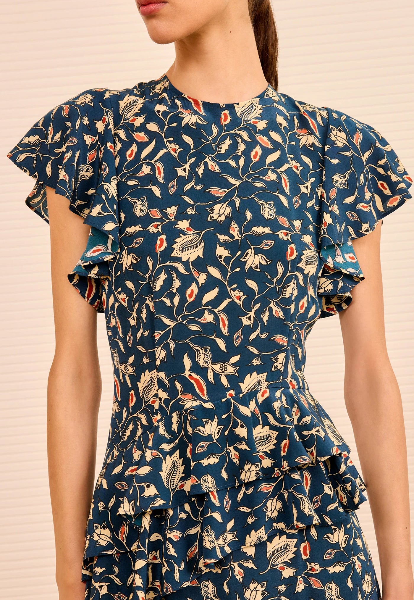 Amaia Cascading Ruffle Midi Dress - Midnight Garden