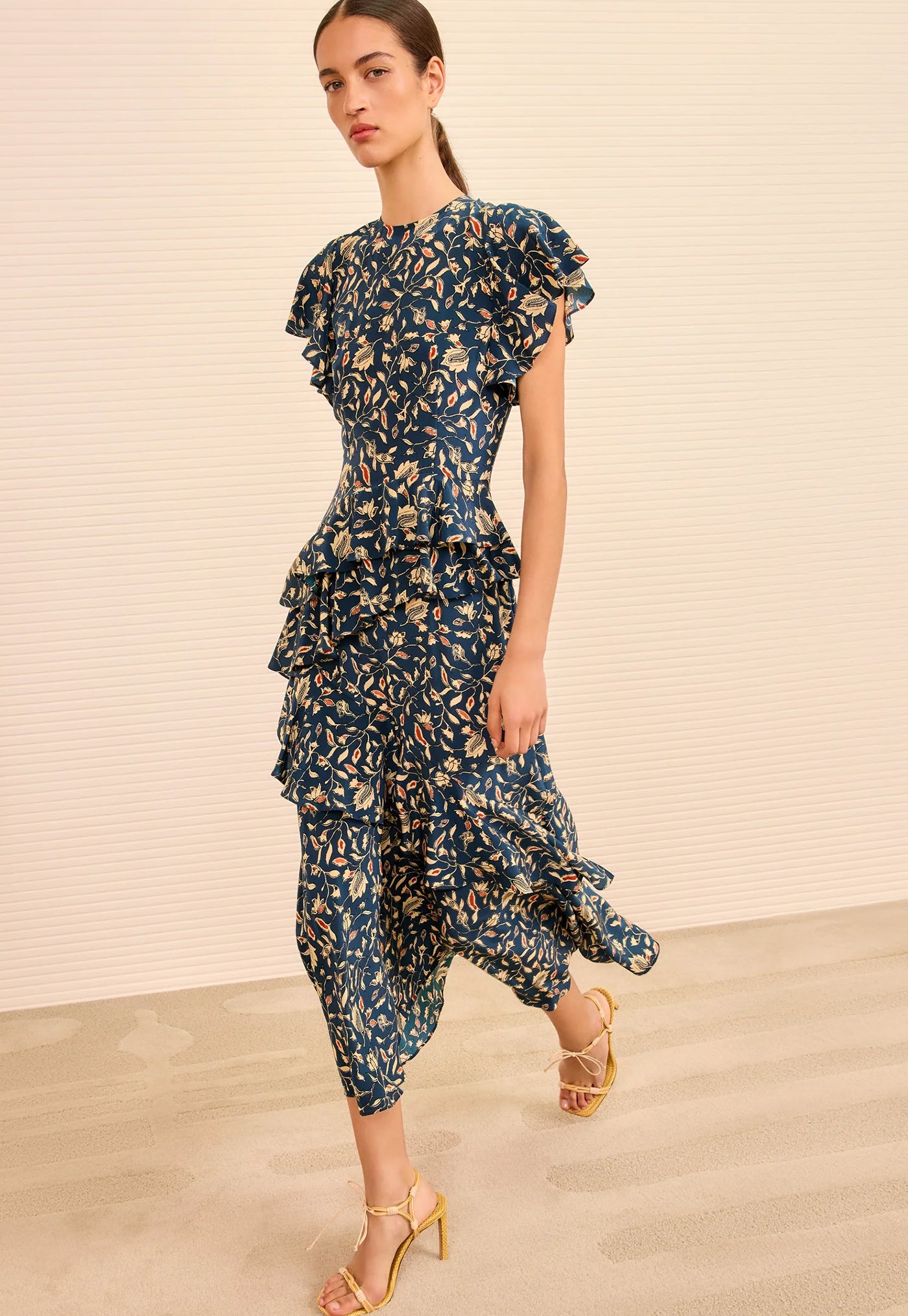 Amaia Cascading Ruffle Midi Dress - Midnight Garden