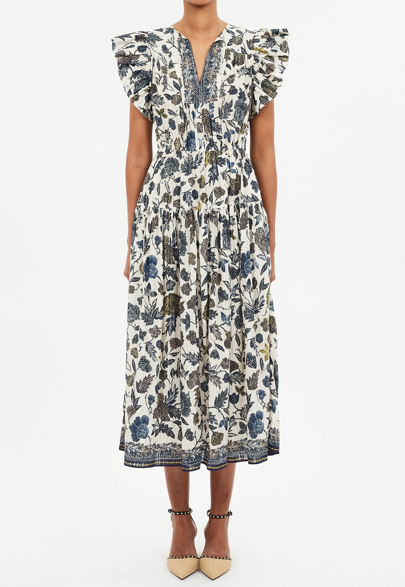 Kairi Flutter Sleeve Midi Dress - Porcelain